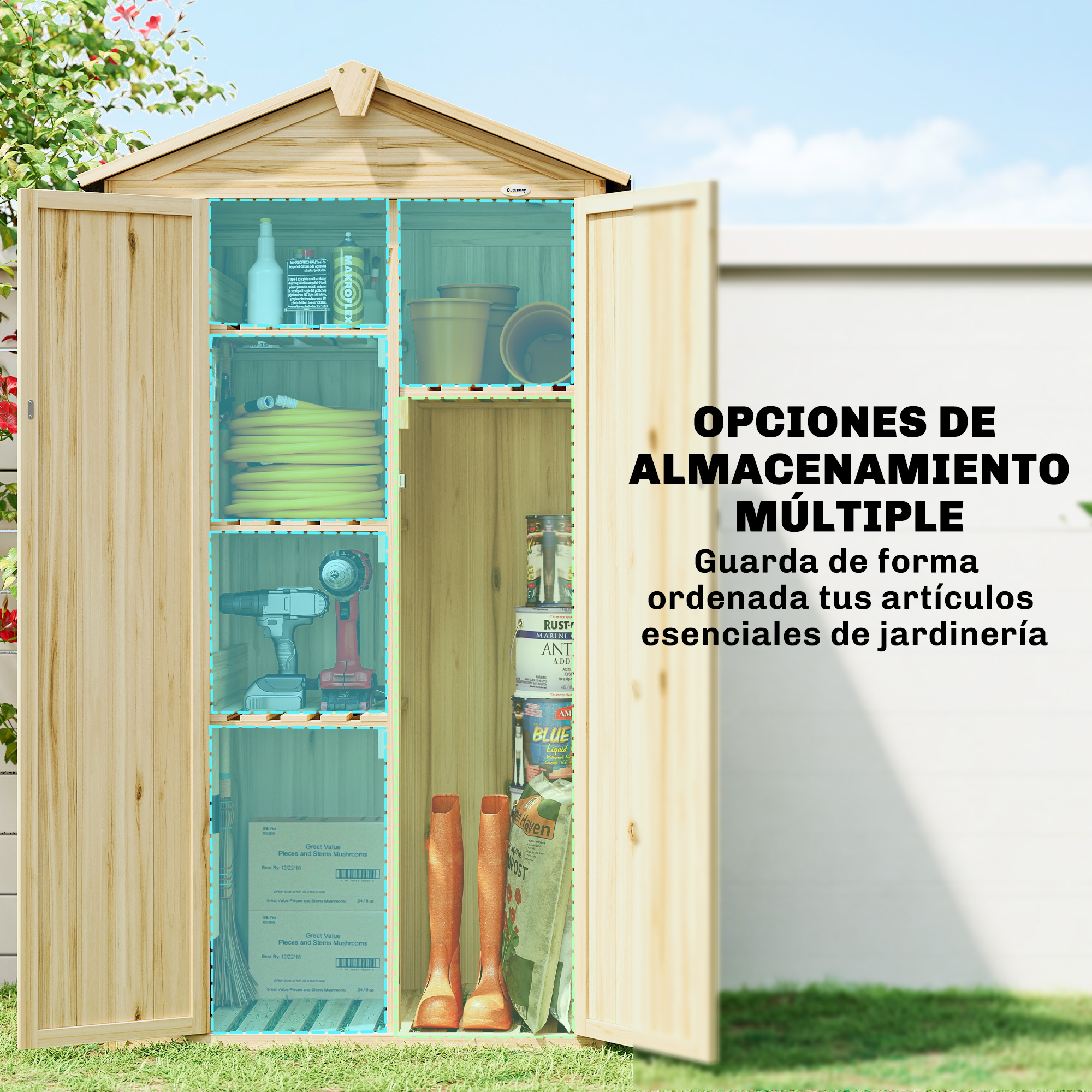 Un cobertizo de madera con varios estantes, que contiene herramientas y suministros de jardinería.