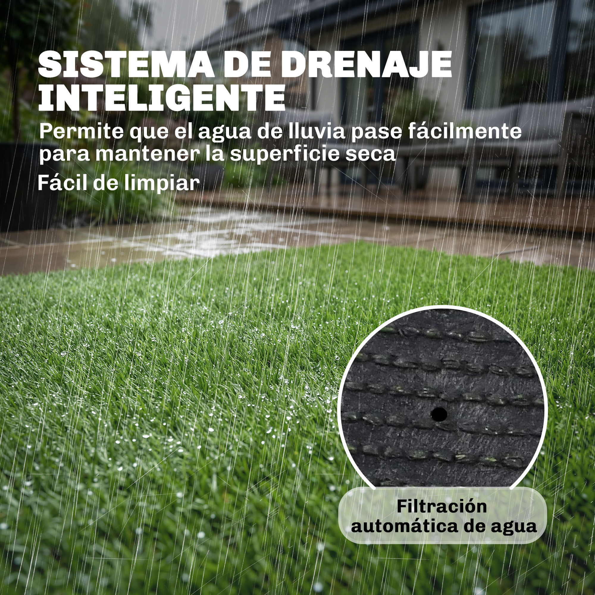 Césped verde bajo la lluvia con primer plano de sistema de drenaje. Texto sobre drenaje inteligente.