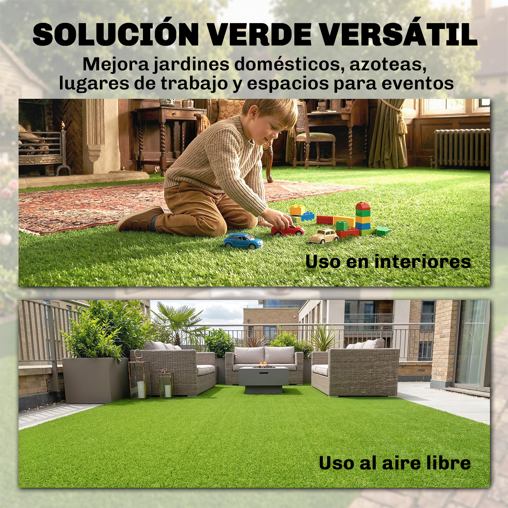 Un niño juega en interiores con coches de juguete sobre césped artificial; afuera patio con muebles.