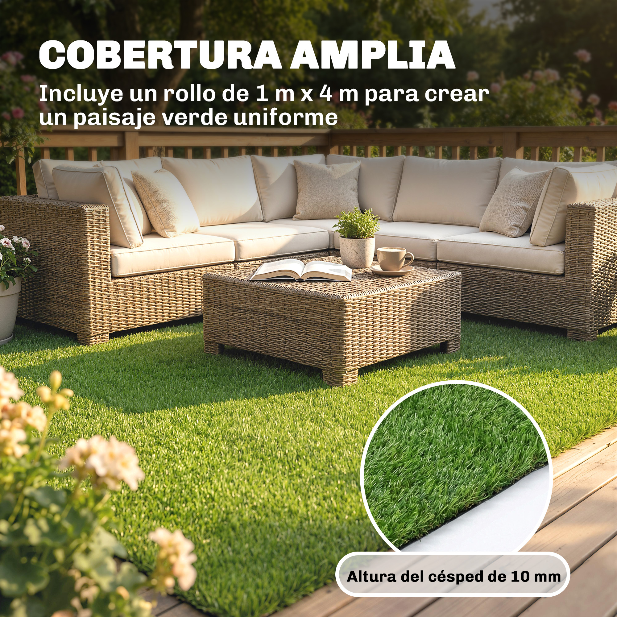Un gran trozo de césped artificial en una terraza de madera.