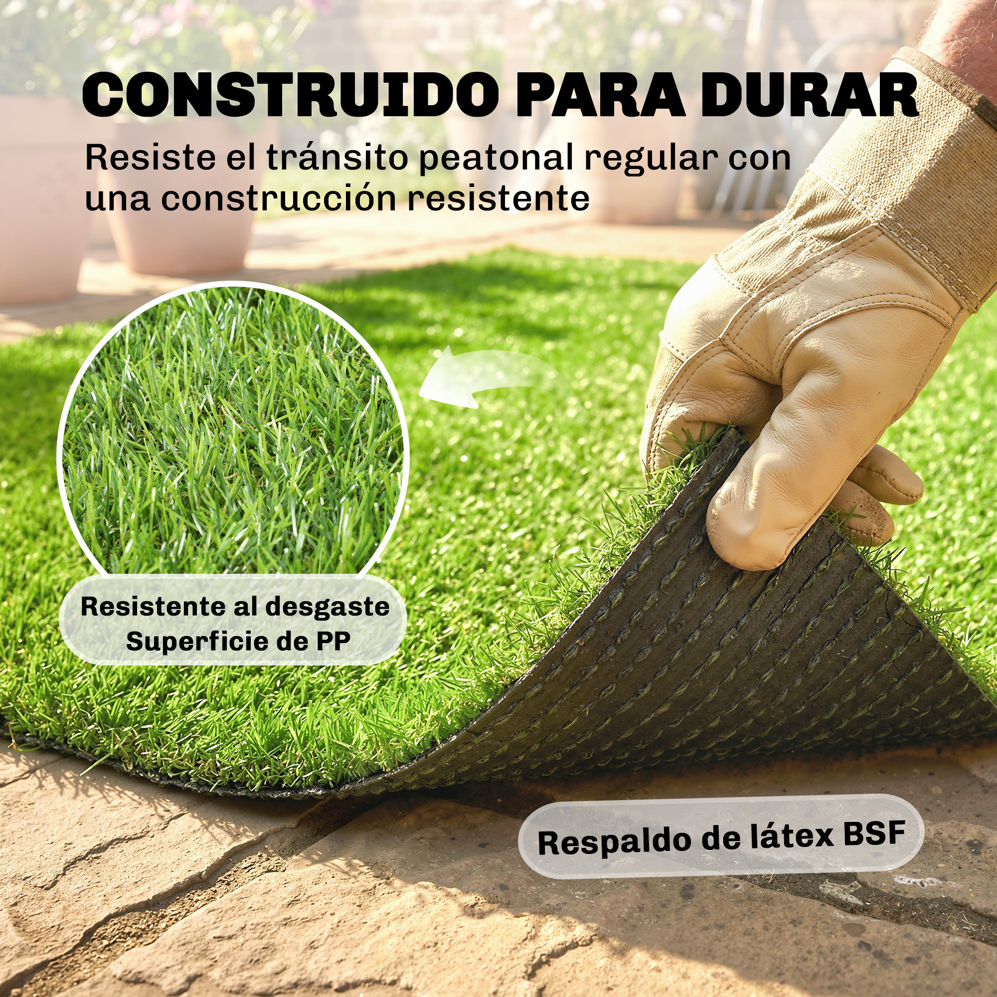 Césped artificial levantado para mostrar la superficie de PP y el respaldo de látex.