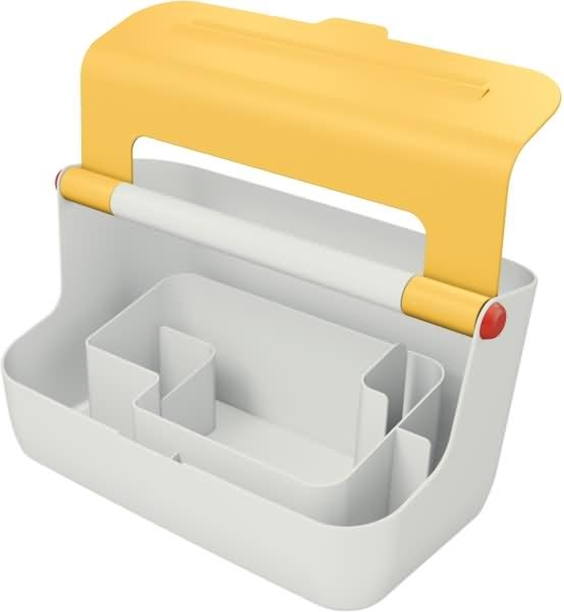Ein weißer Organizer mit gelbem Griff und Unterteilungen.
