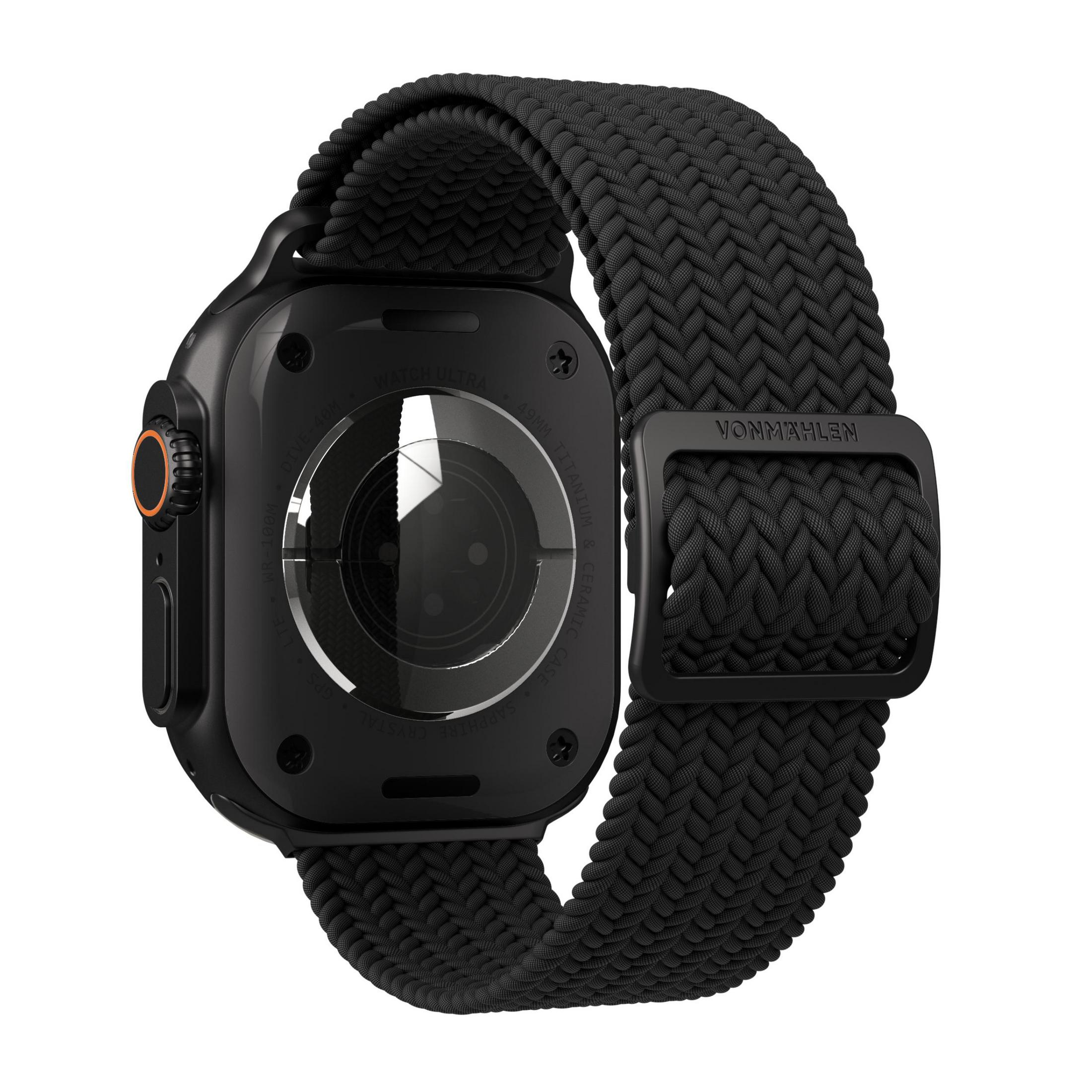 Smartwatch nero con cinturino intrecciato, retro dettagliato. Logo Vonmahler.