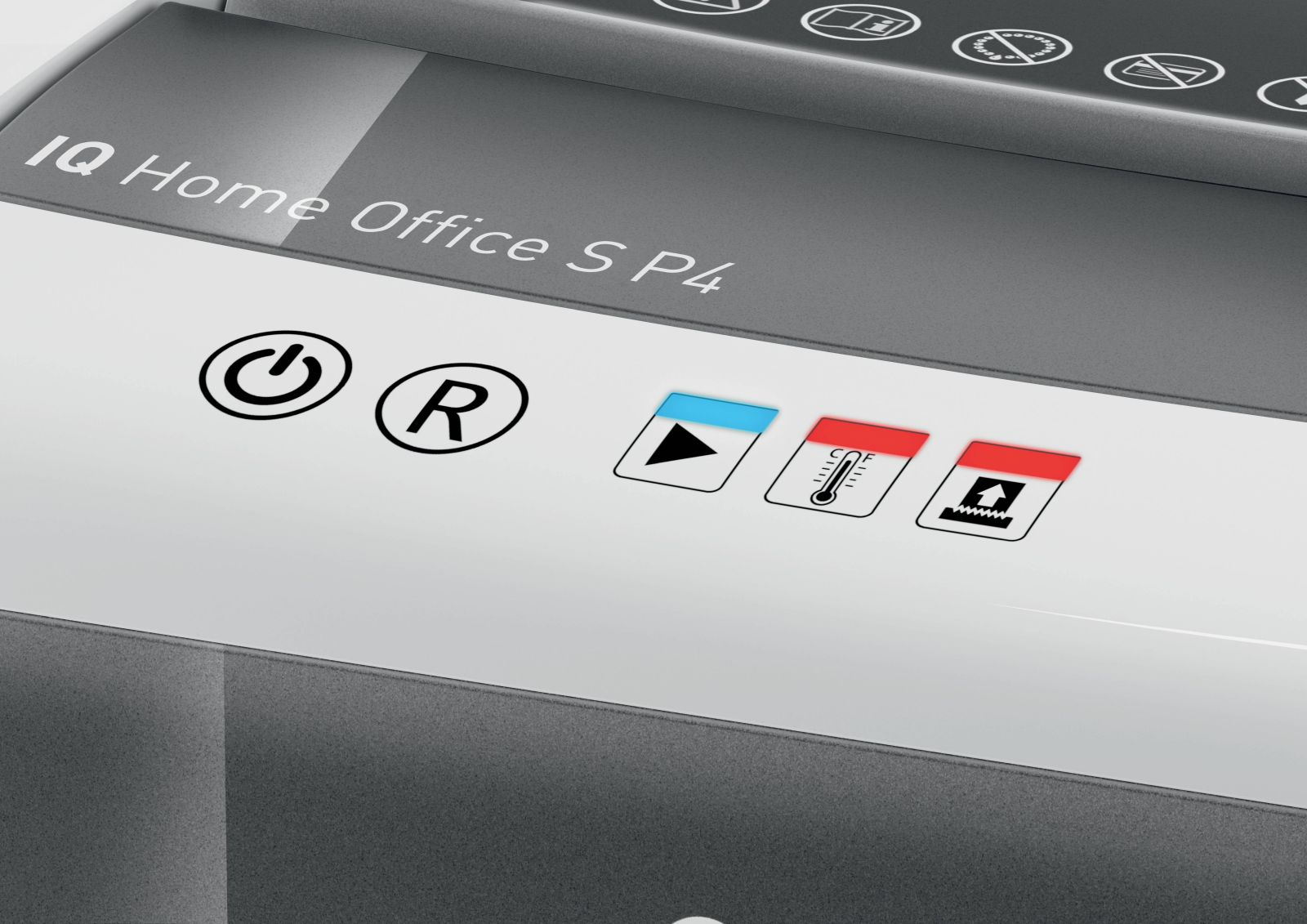 Commandes IQ Home Office S P4 : Marche/Arrêt, Marche arrière, Marche avant, Avertissement température, Avertissement surchauffe.