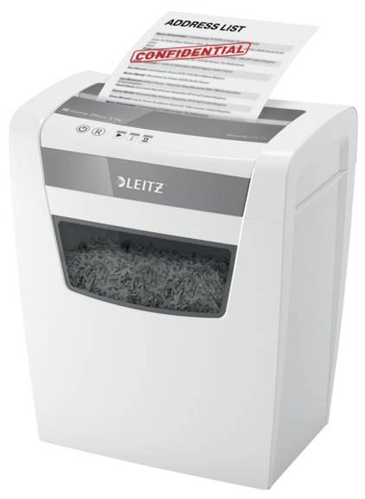 Une déchiqueteuse Leitz blanche avec une feuille de papier marquée 