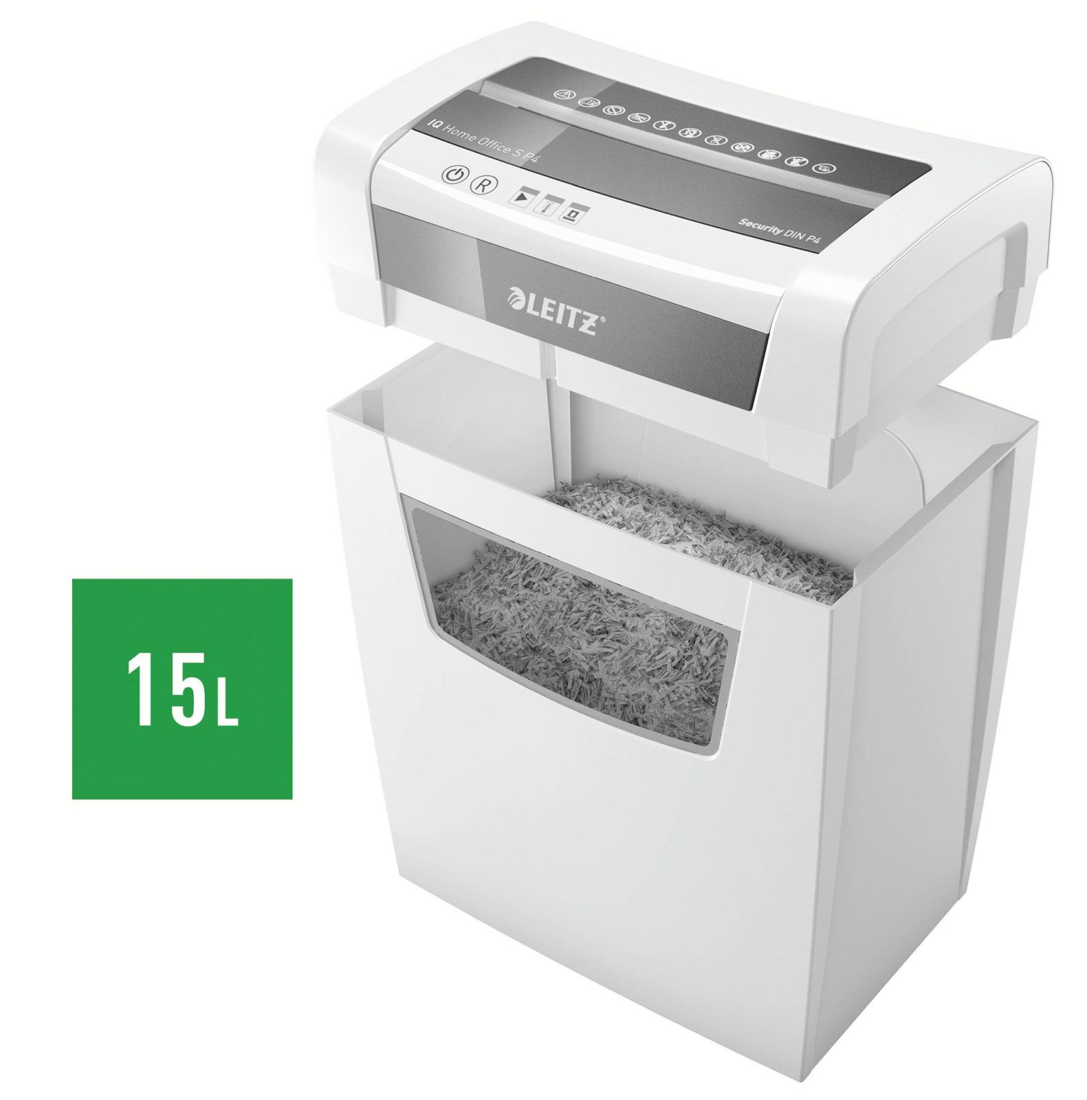 Déchiqueteuse blanche avec bac de 15L et papier déchiqueté.