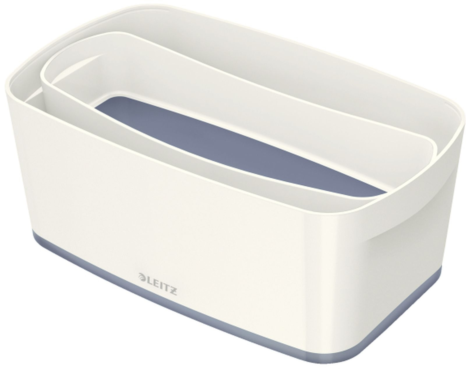 Un organisateur blanc avec deux compartiments et un insert bleu.