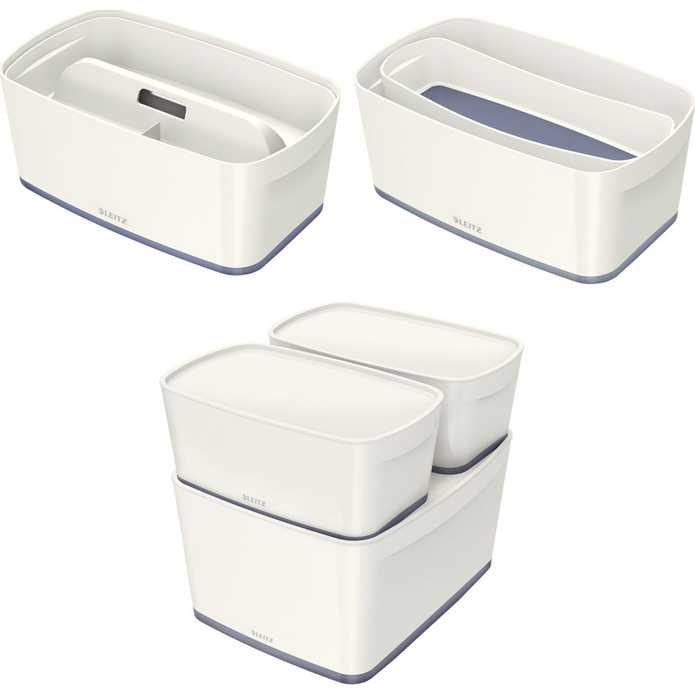 Trois boîtes de rangement Leitz blanches avec accents bleus, une ouverte, une empilée.