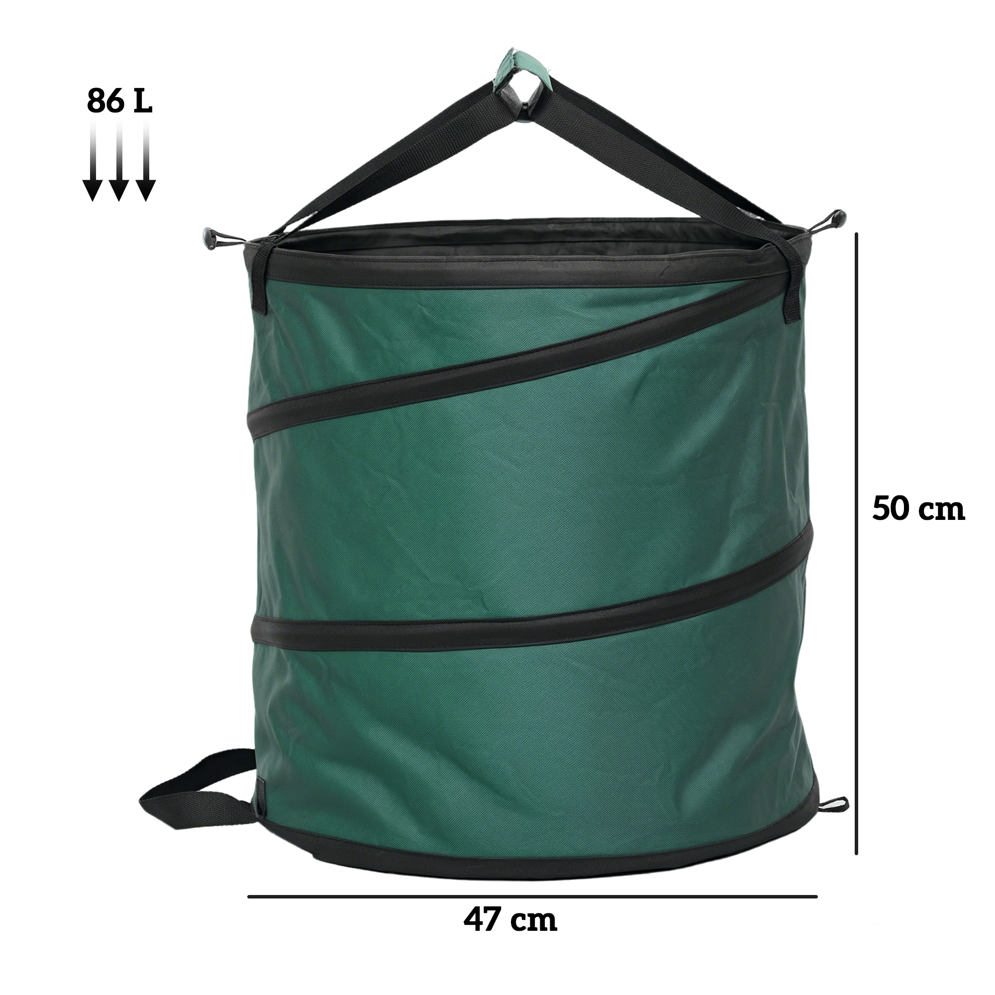 Contenedor verde plegable (86L, 47x50cm) con asas y ribetes negros. Se mantiene erguido.