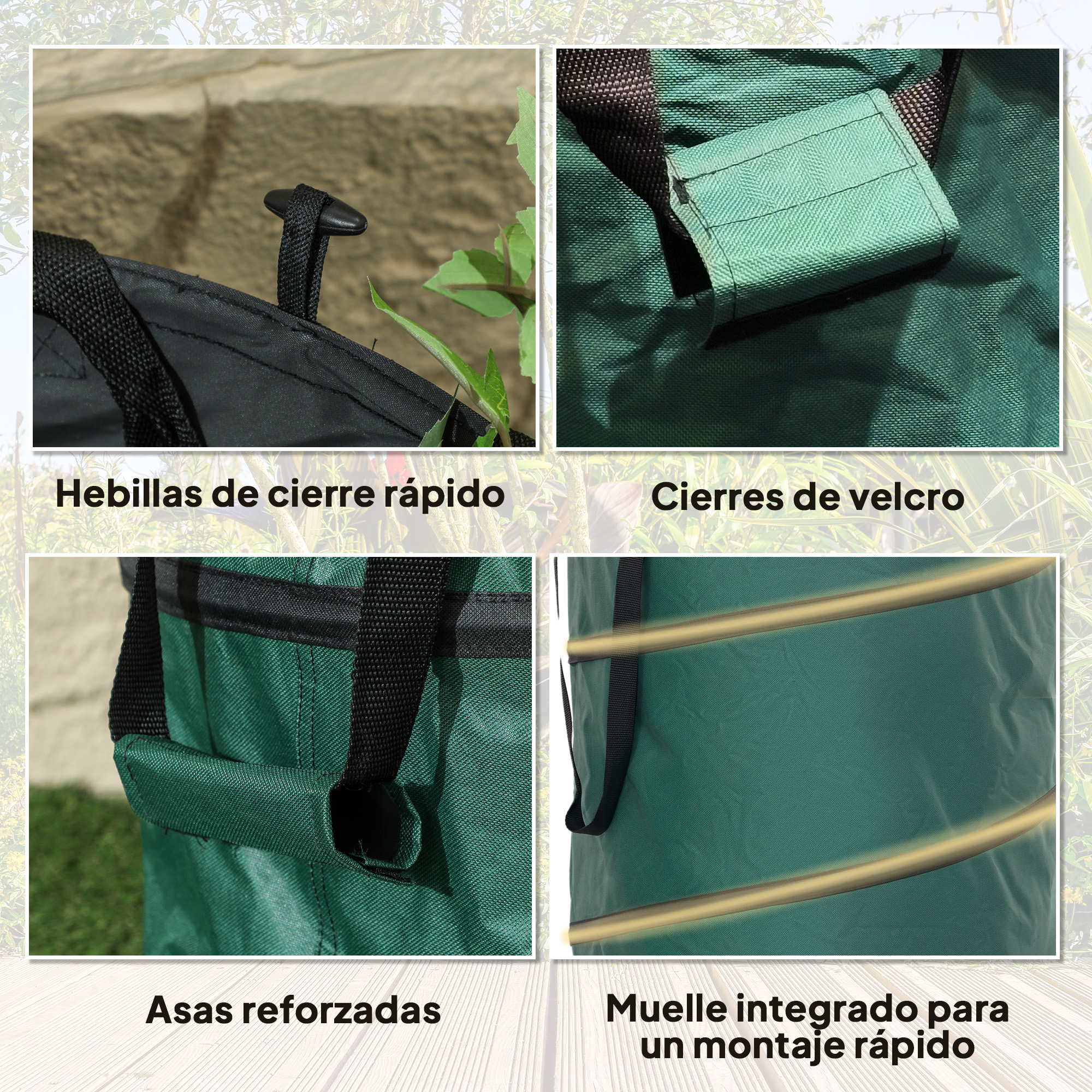 Bolsa de tela verde con hebillas, velcro, asas reforzadas y resorte para montaje rápido.