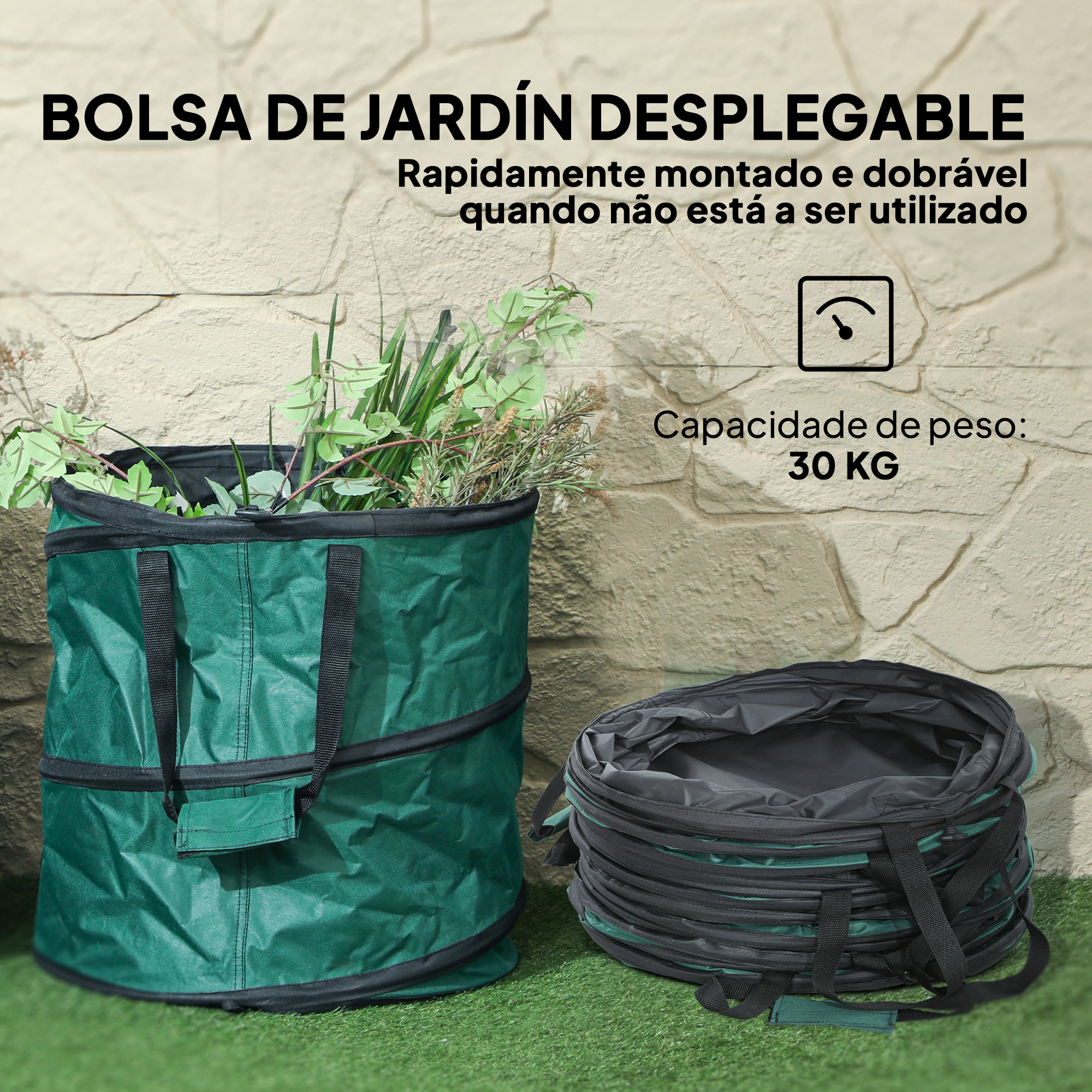 Bolsa de jardín verde abierta con plantas, junto a una bolsa plegada. Peso máx 30kg.