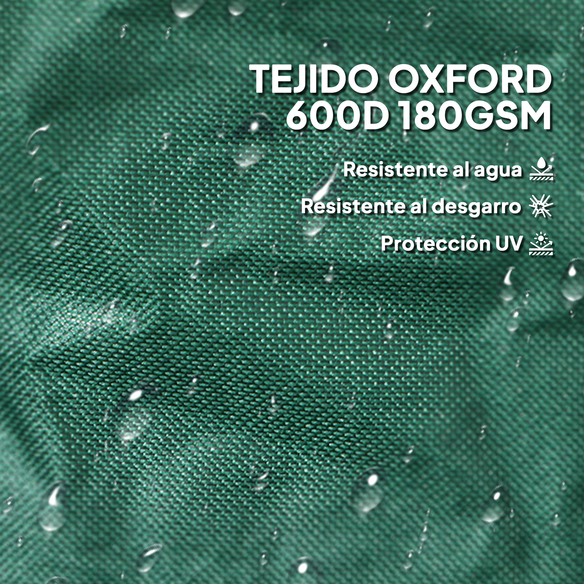 Tejido Oxford verde con gotas de agua. Resistente al agua, al desgarro y UV.