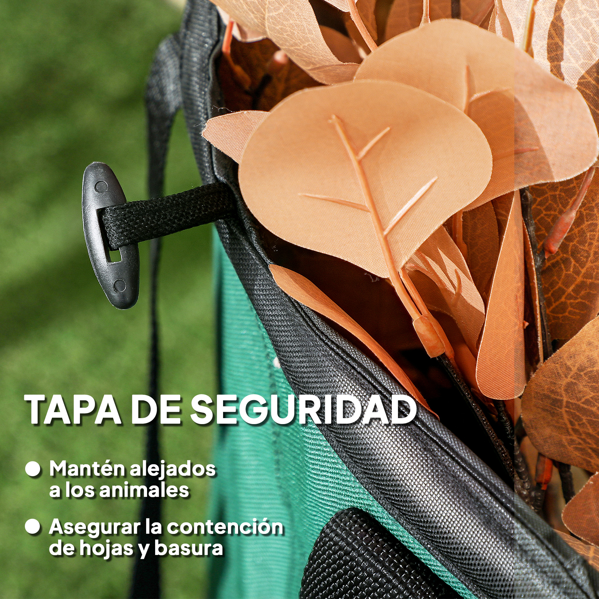 Bolsa verde con hojas marrones y cierre negro. Texto: Seguridad.