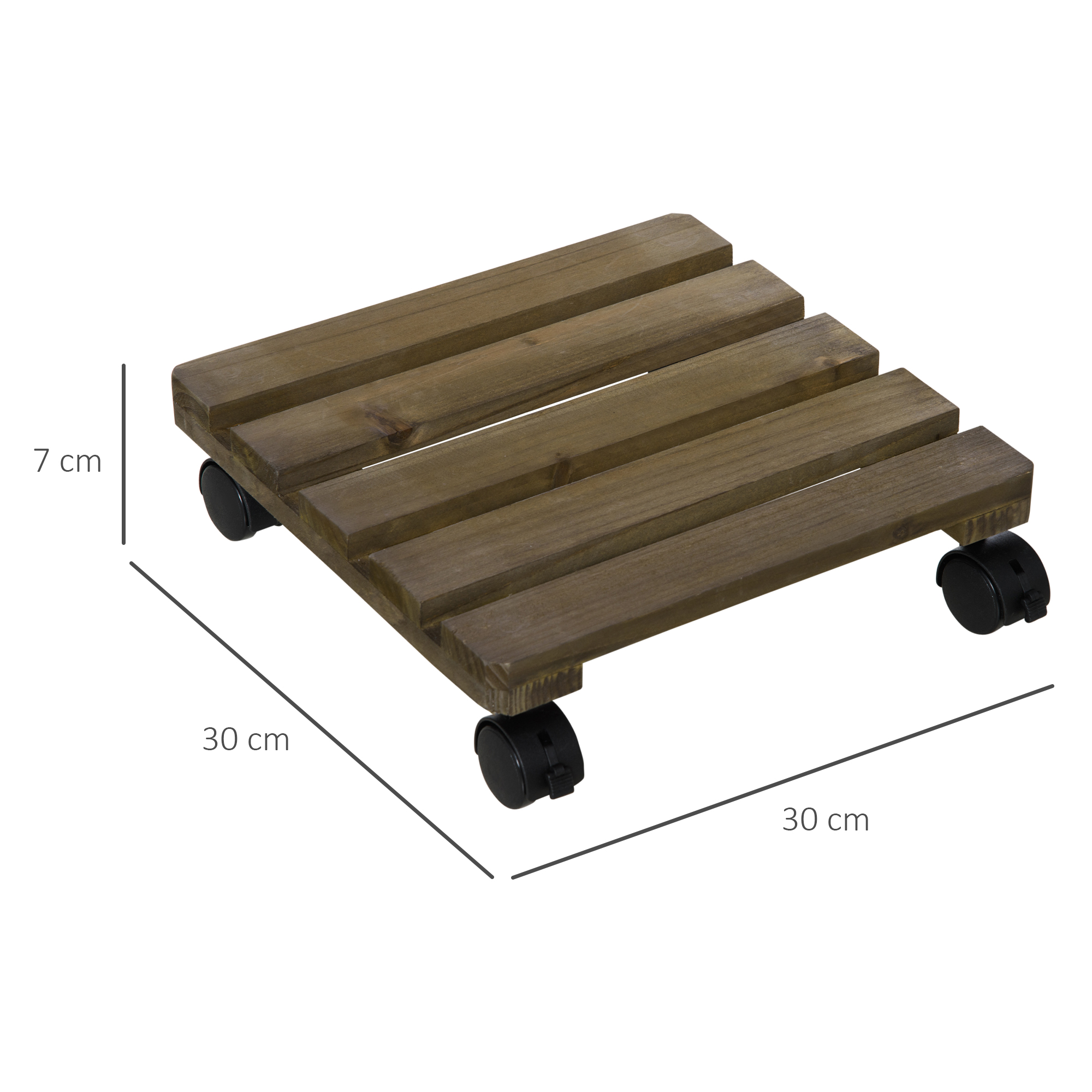 Soporte de madera para plantas con ruedas, 30x30x7 cm.