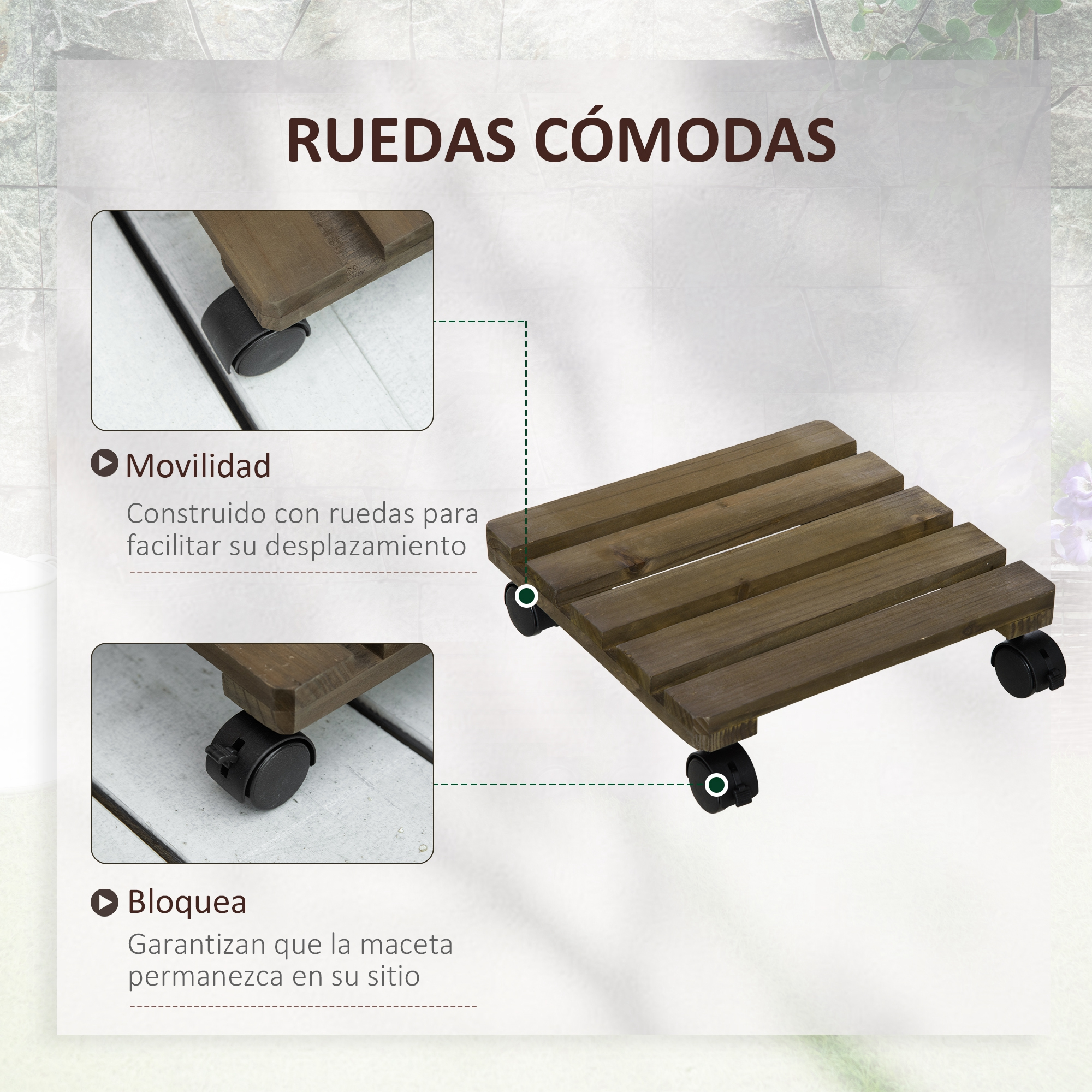 Base de madera para plantas con ruedas negras para movilidad y seguridad.