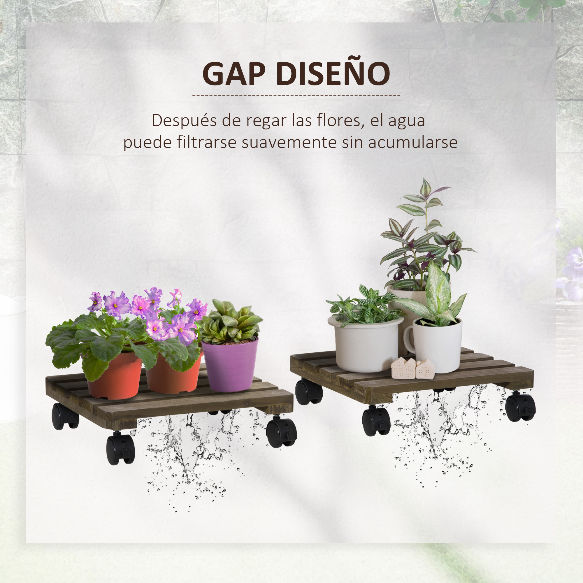 Dos soportes de plantas de madera con ruedas, con plantas en maceta y agua drenando.