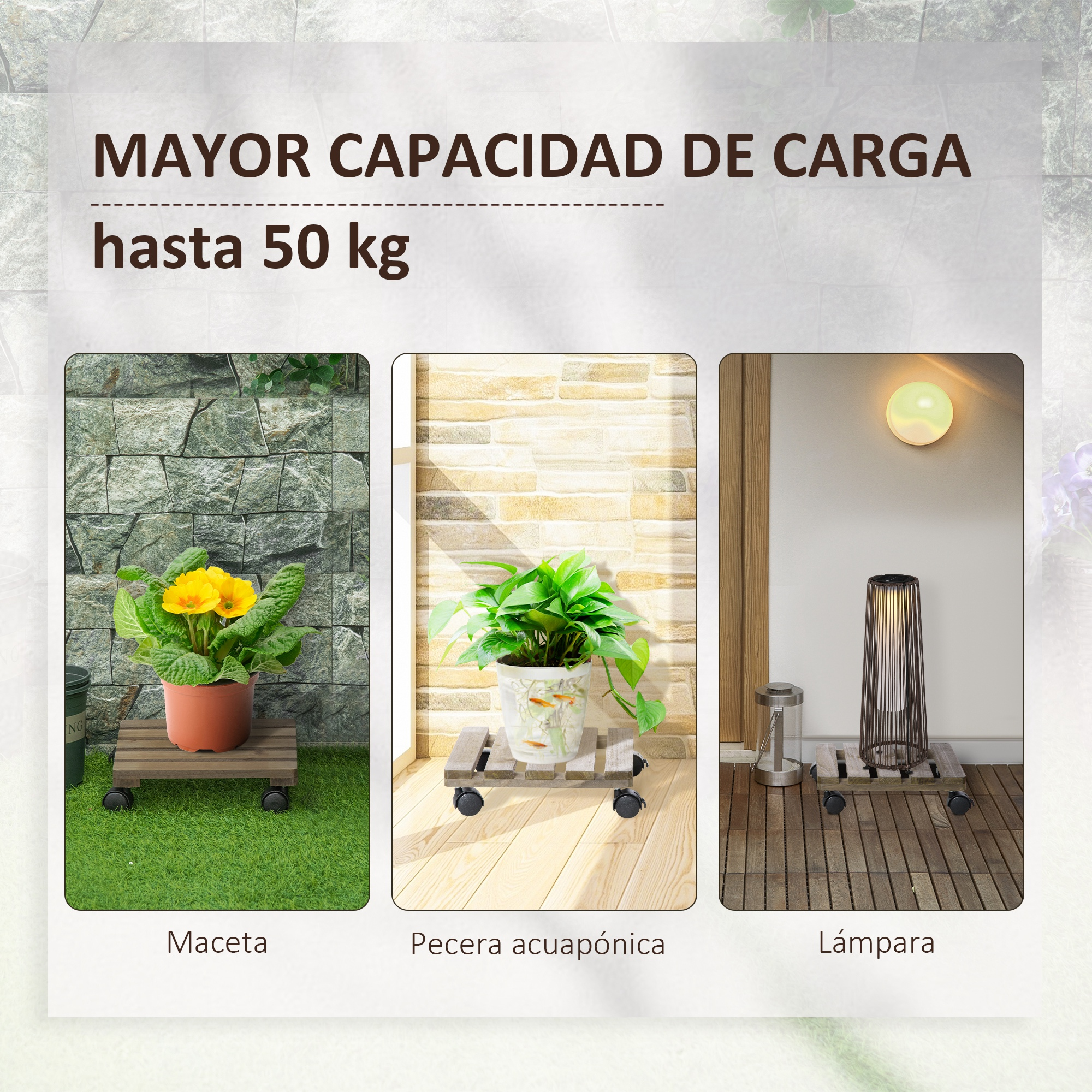Tres carritos con ruedas: uno con flores amarillas, uno con planta y peces, uno con lámpara.