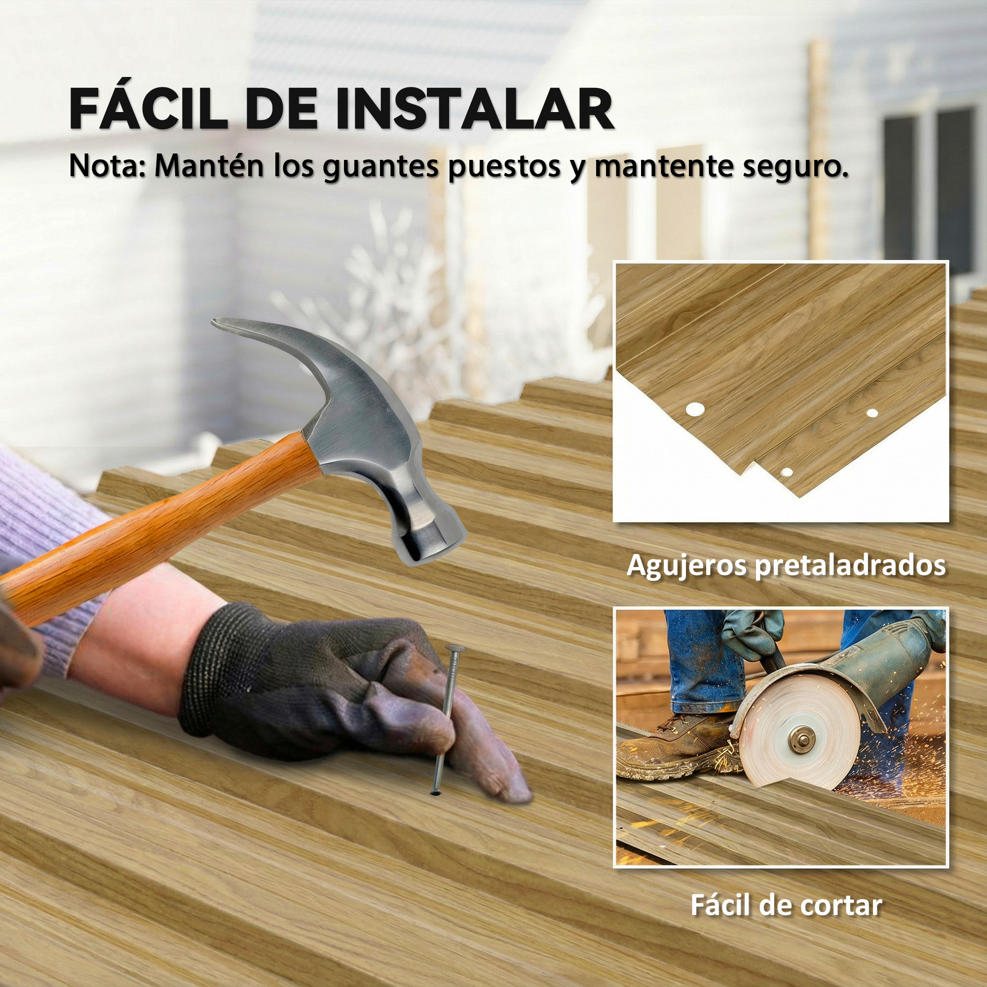 Persona instalando paneles de madera con martillo y clavo; cortando con amoladora.