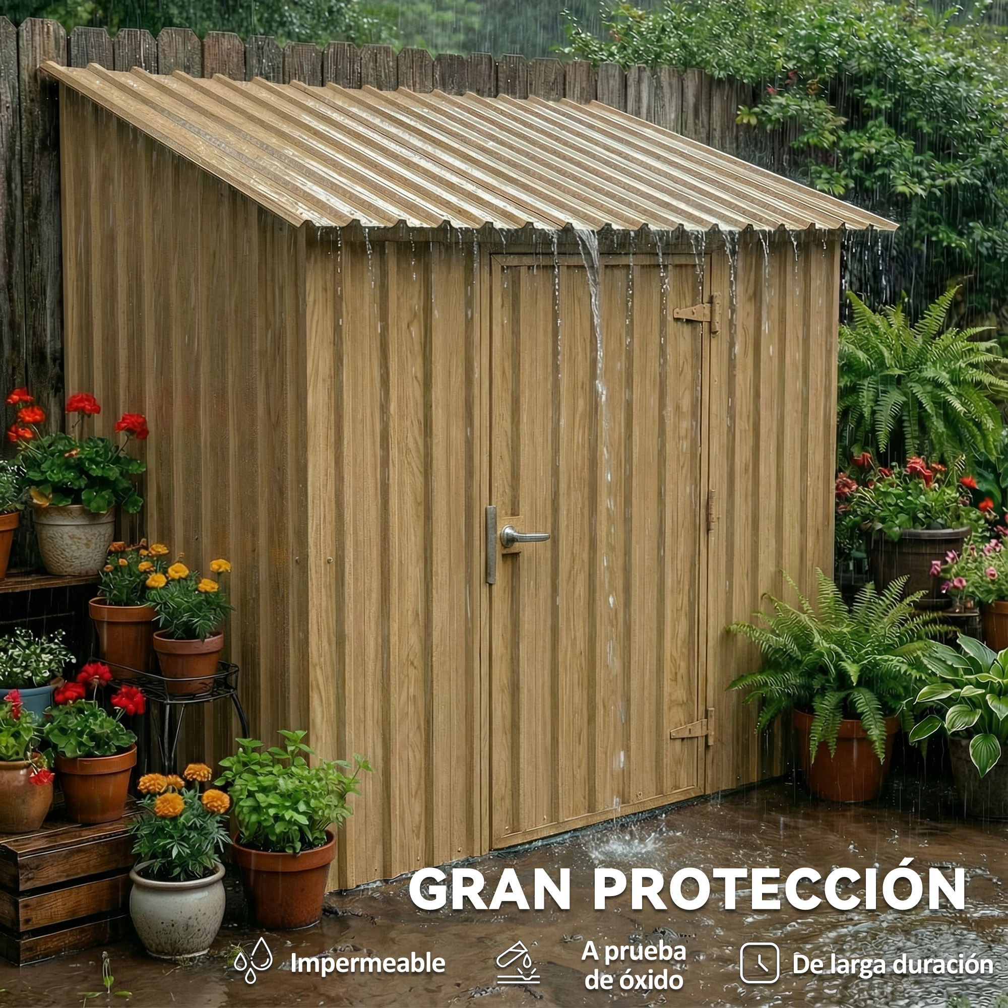 Cobertizo de madera bajo la lluvia con plantas y texto.