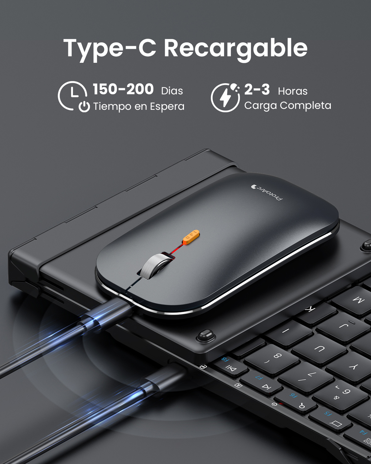 Ratón y teclado negros conectados por cable de carga Tipo-C.