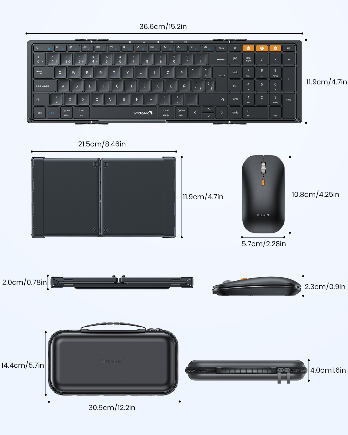 Un teclado negro plegable, ratón y estuche con dimensiones.