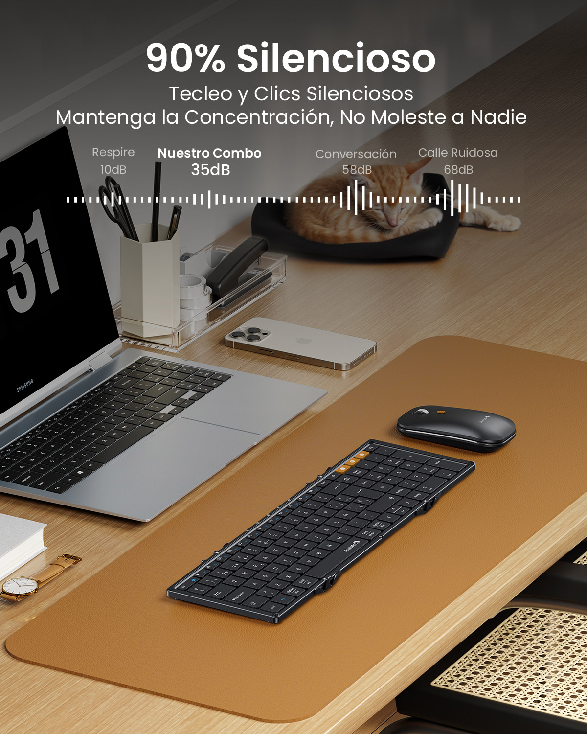 Un portátil, teclado y ratón sobre un escritorio. Un gatito duerme cerca.