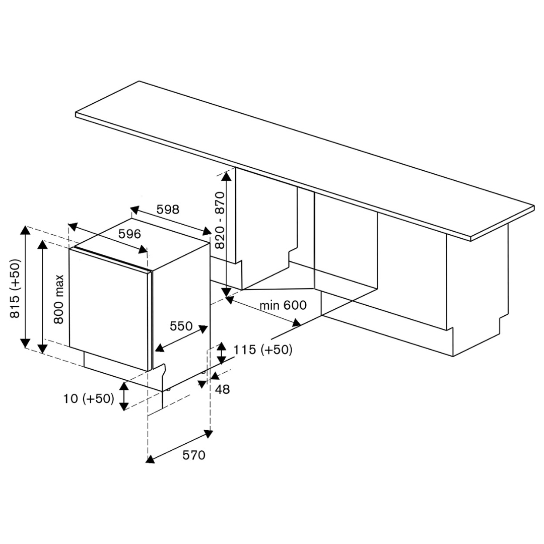 Disegno tecnico di un elettrodomestico da incasso con dimensioni in mm.