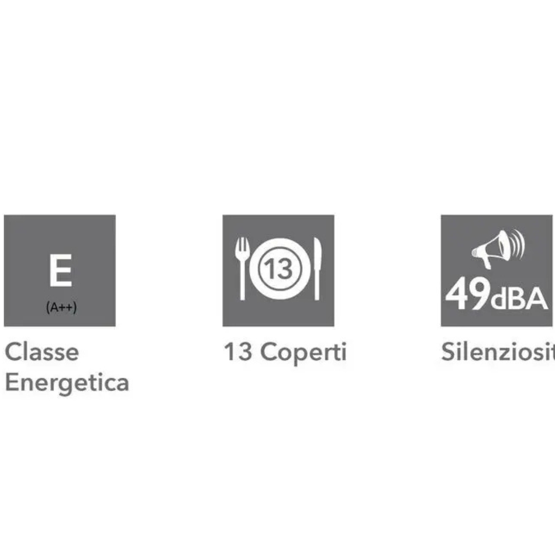 Classe energetica E (A++), 13 coperti, 49 dBA rumorosità.