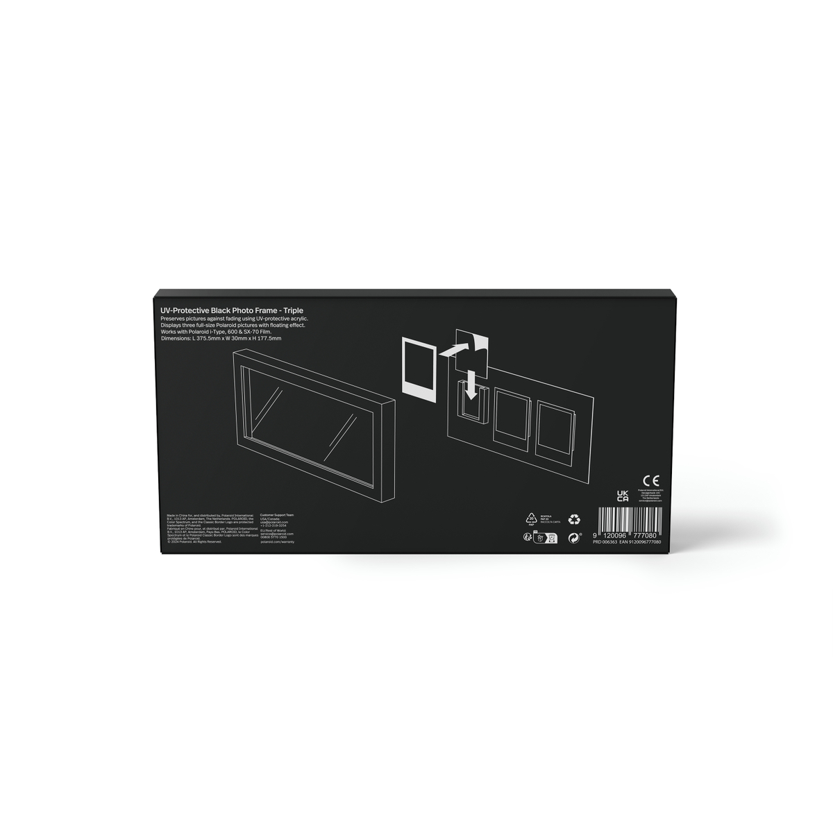 Schwarzer Triple-Fotorahmen mit UV-Schutz und Anleitung.
