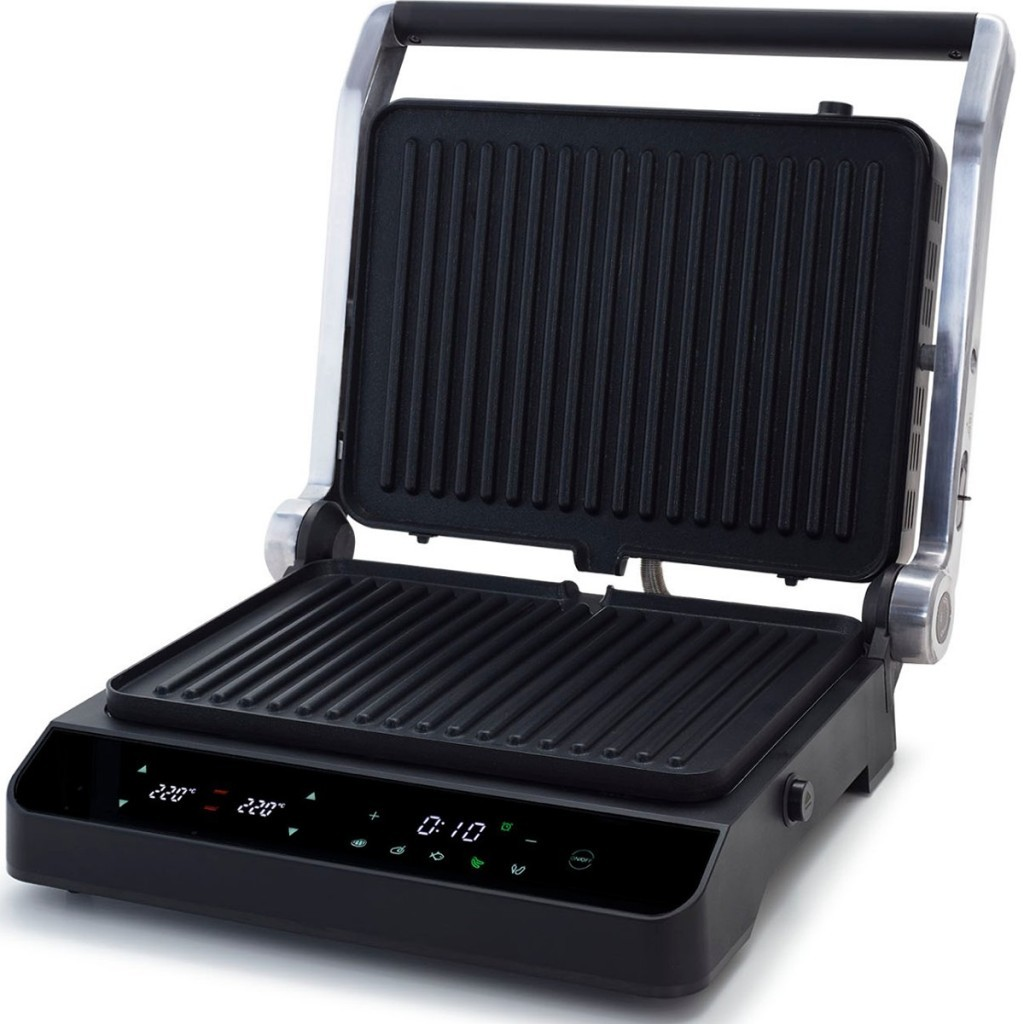 Siyah gövdeli ve oluklu plakalara sahip açık bir kontakt grill.