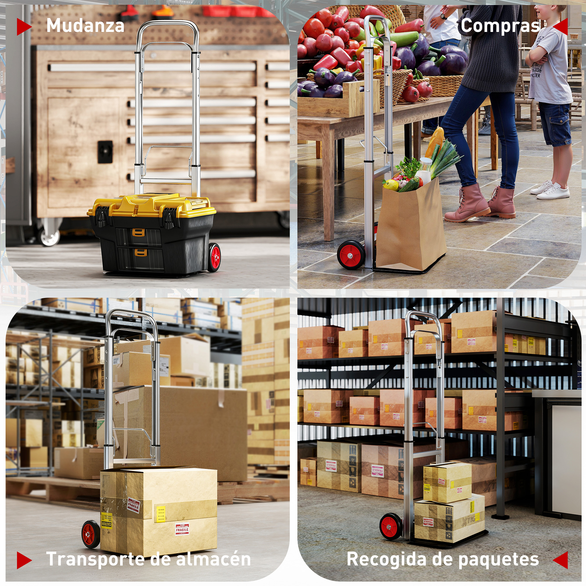 Carretilla con caja de herramientas y comestibles, en un almacén.