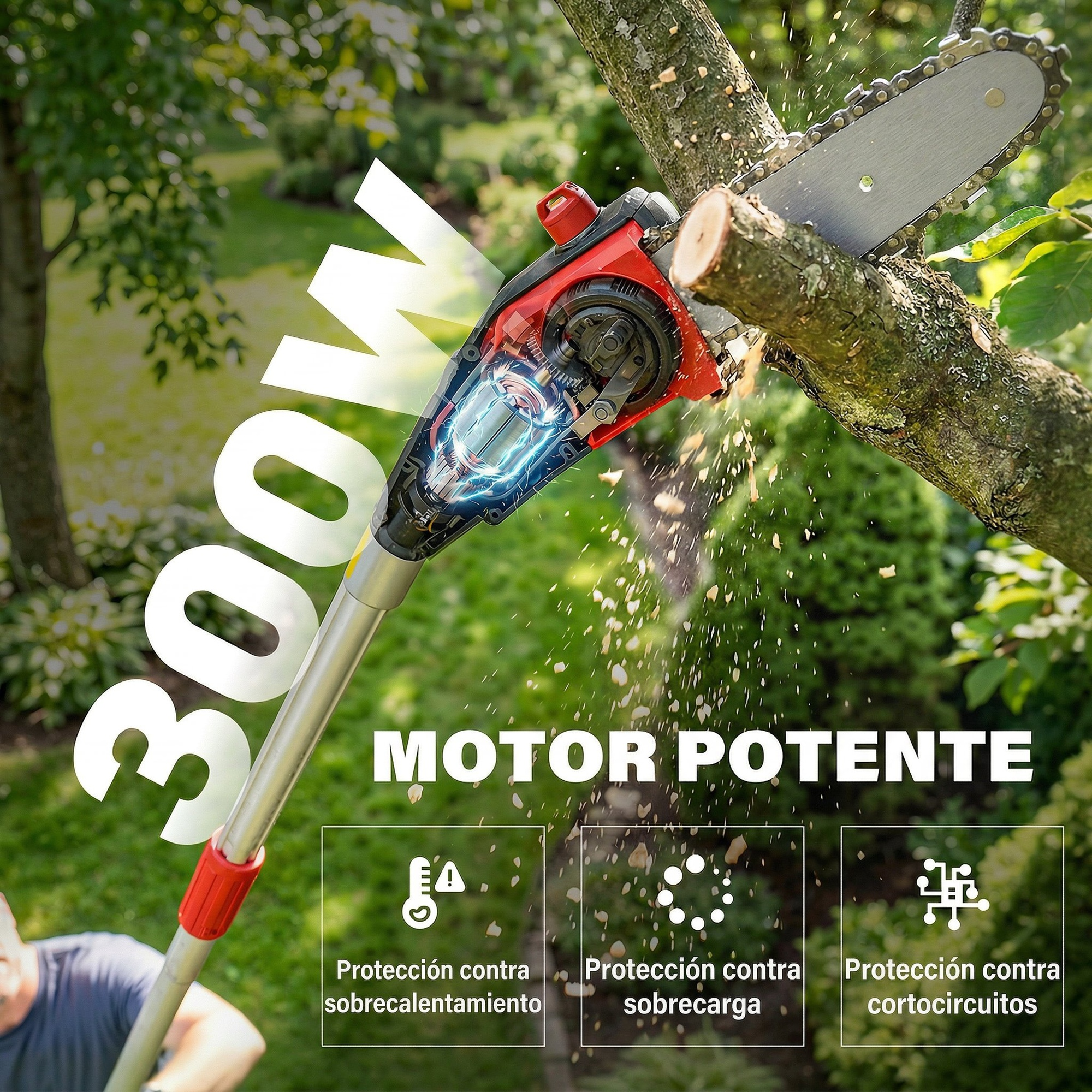 Una motosierra corta una rama de árbol. El motor tiene una potencia de 300W.