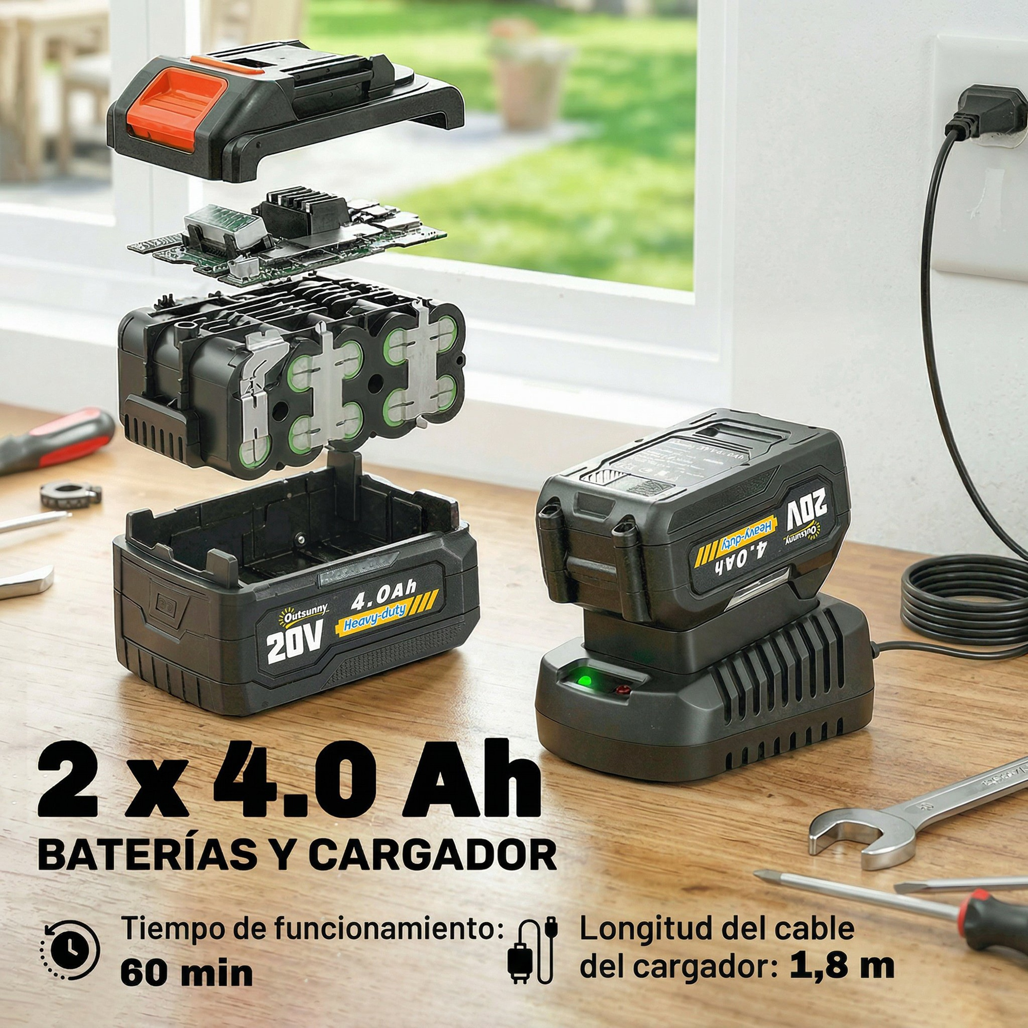 Batería y cargador de 20V 4Ah desmontados en mesa de madera.
