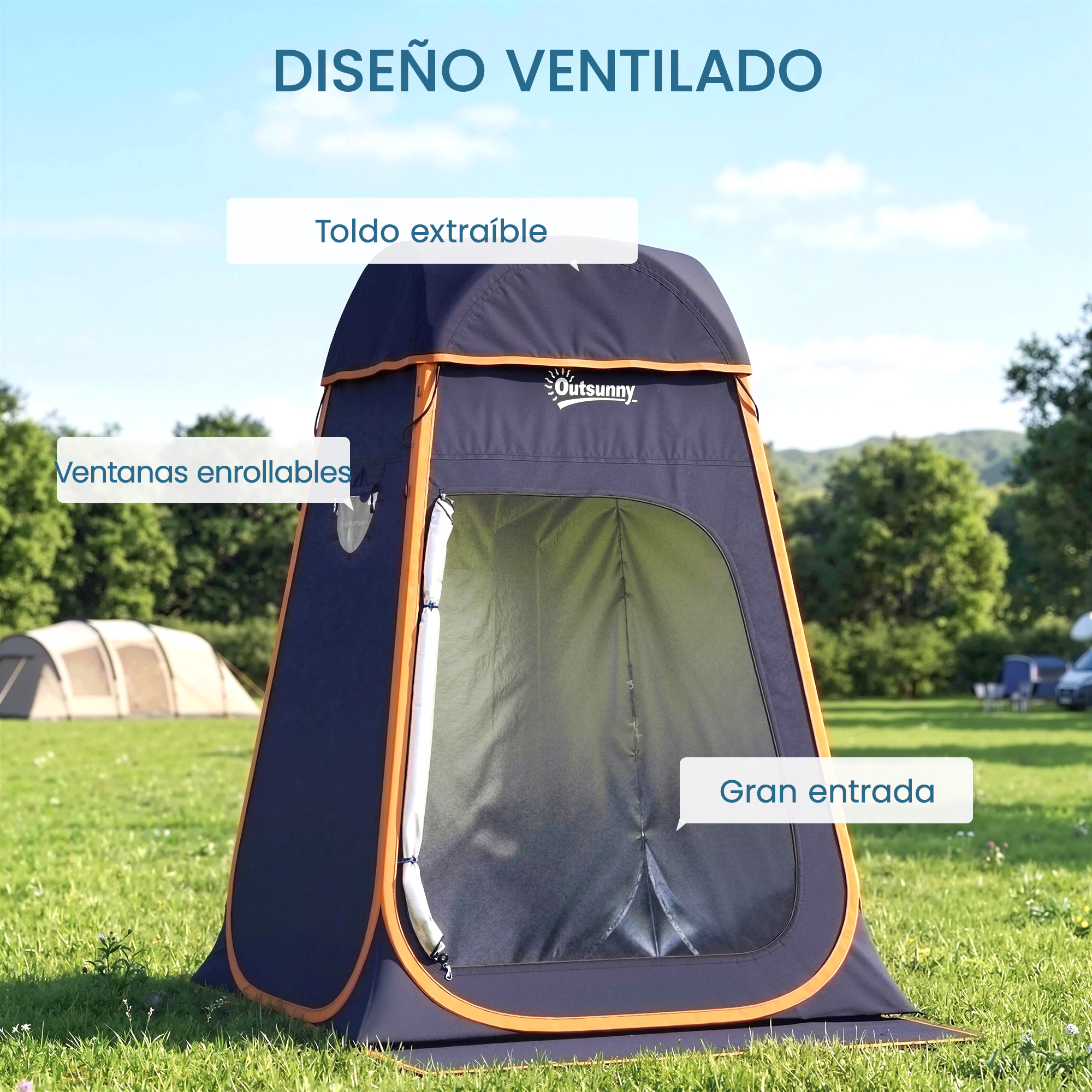Una tienda azul oscuro con ribetes naranjas sobre un campo verde. Otra tienda al fondo.