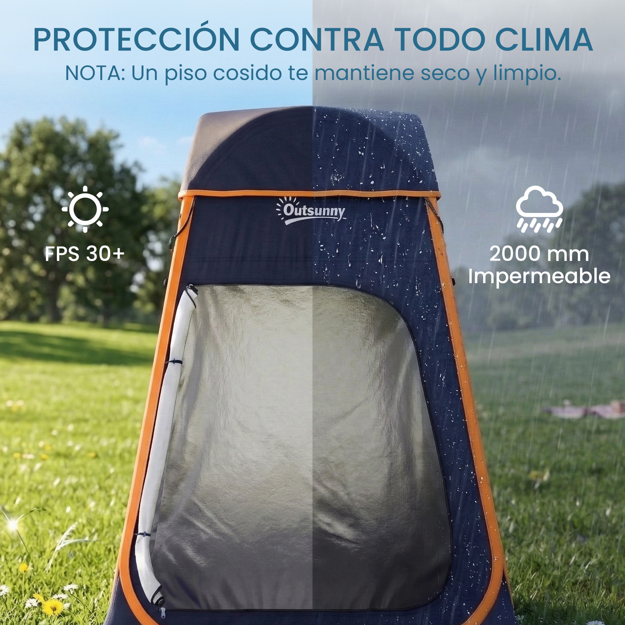 Una tienda azul oscura con ribete naranja sobre césped verde.