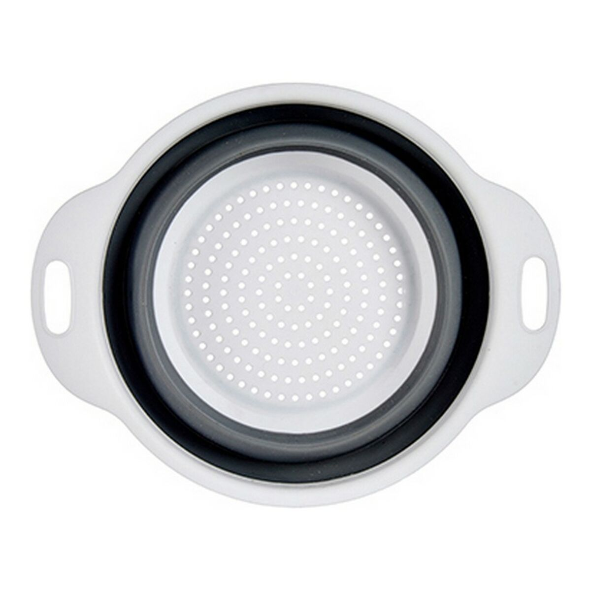 Uno scolapasta pieghevole bianco con manici neri e base perforata.