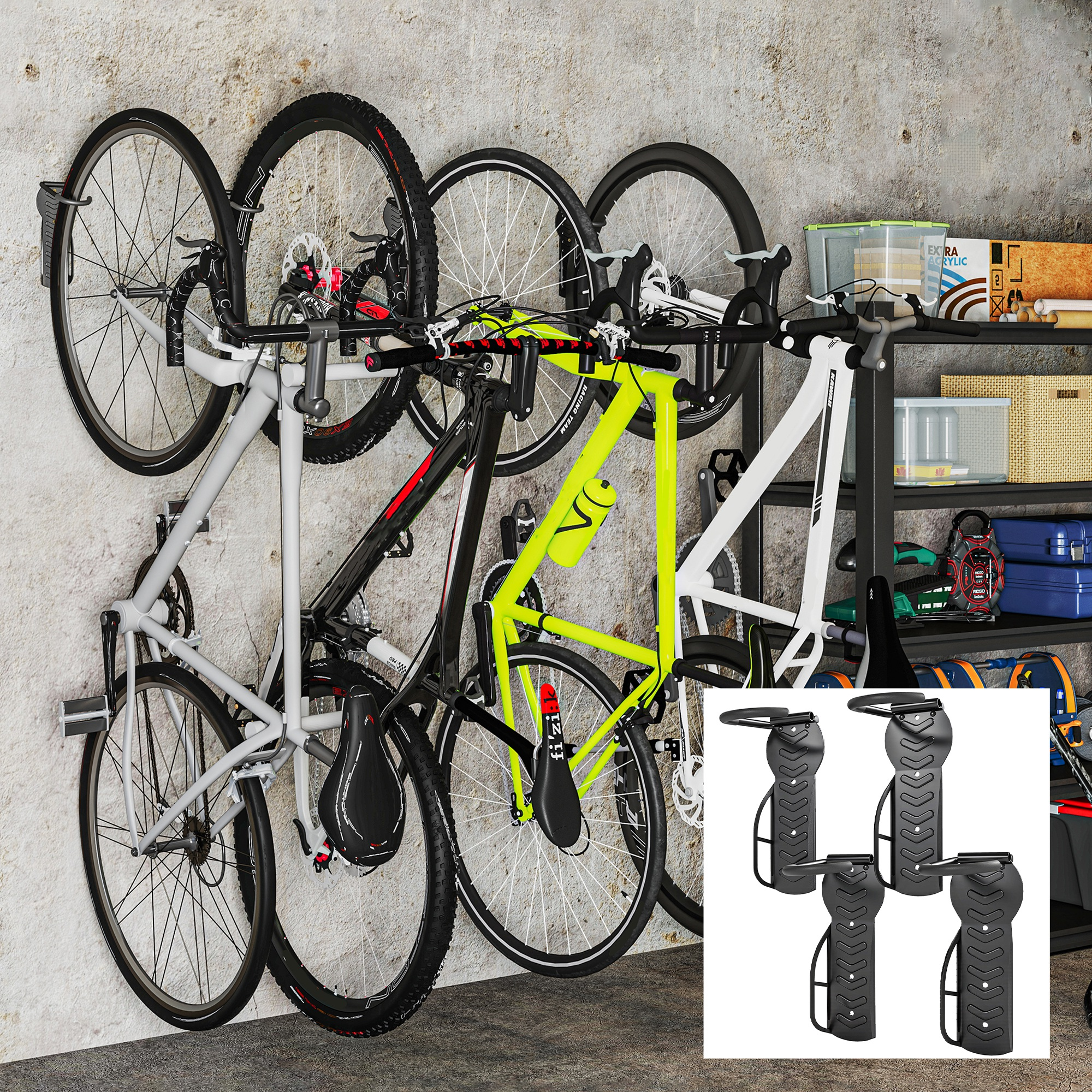 Cuatro bicicletas colgadas en soportes de pared, con estantes y contenedores de almacenamiento al fondo.