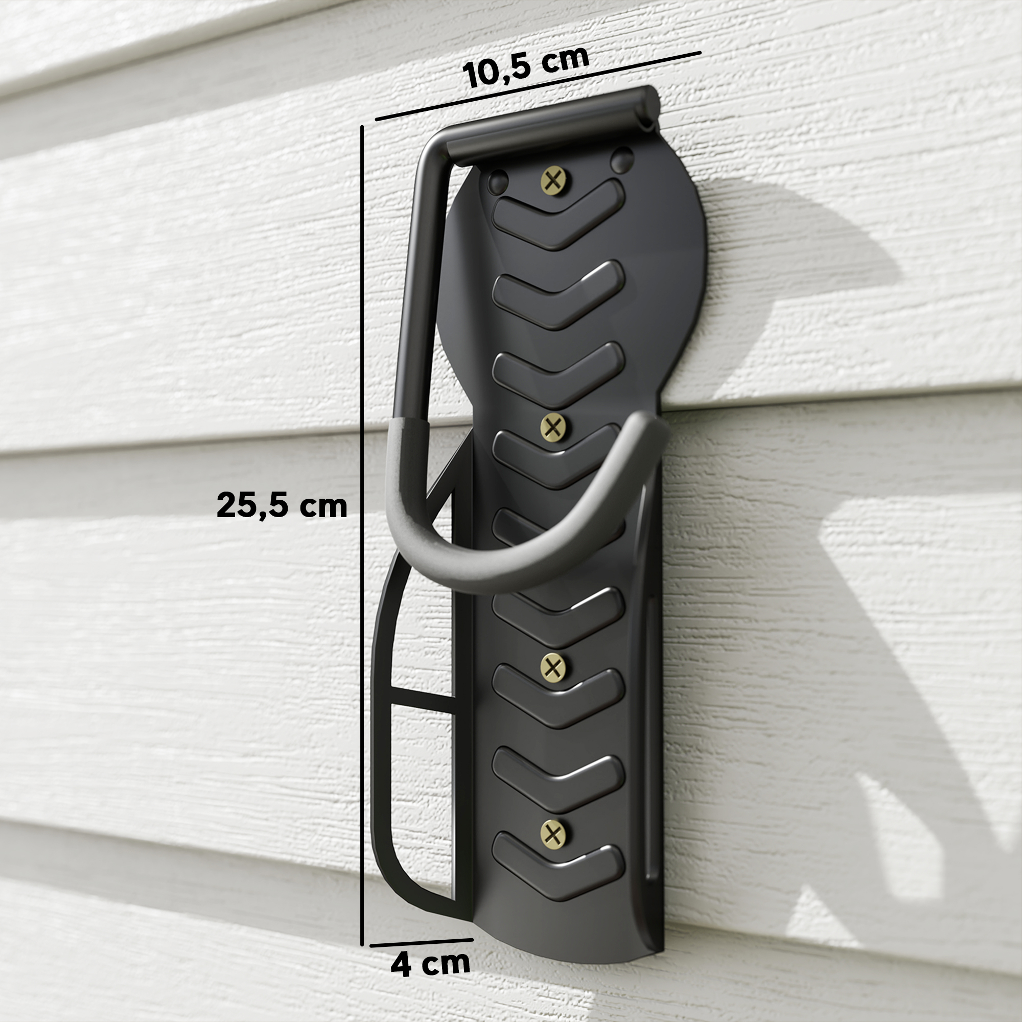 Gancho negro para bicicleta en pared blanca, 25,5 cm de alto.