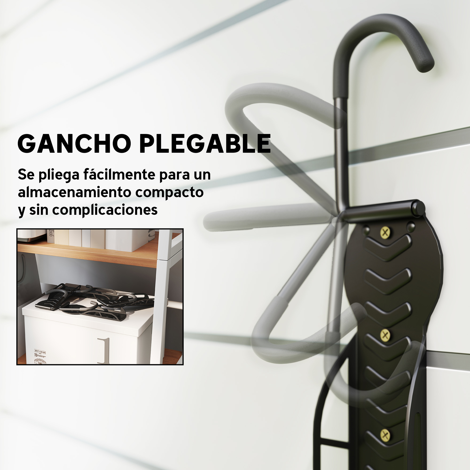 Un gancho de bicicleta negro plegable montado en una pared blanca.