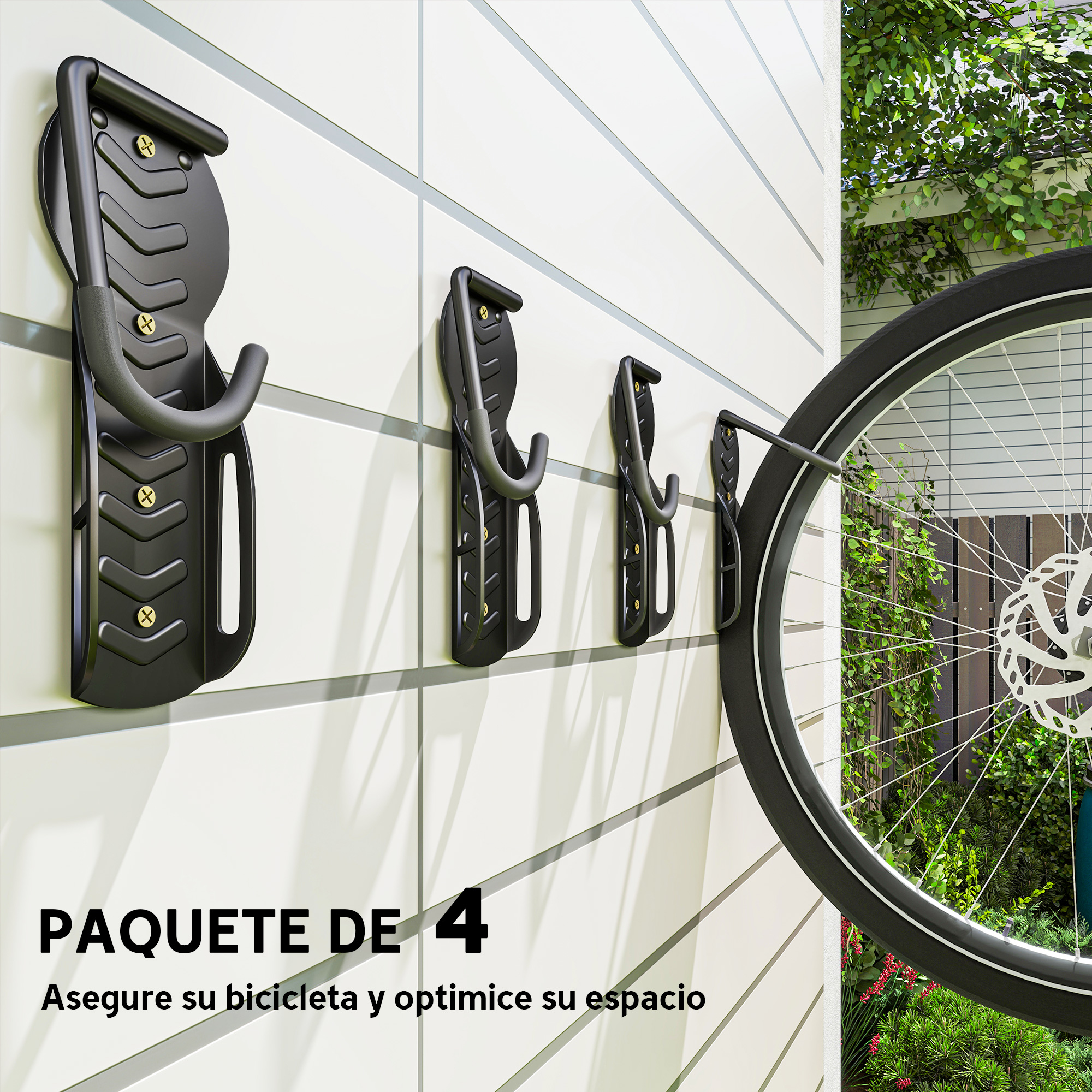 Cuatro ganchos negros para bicicletas en pared blanca con rueda de bici delante.