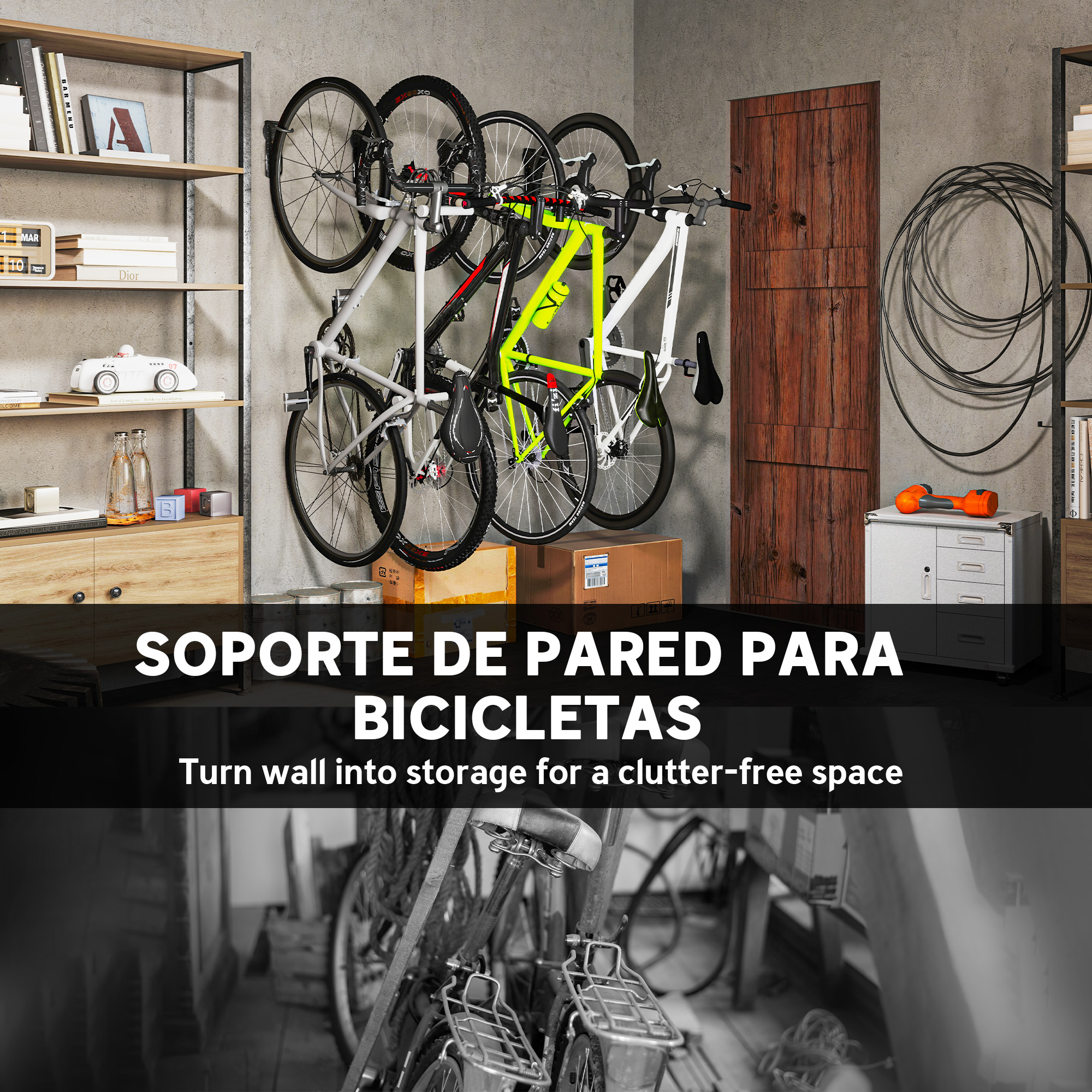 Portabicicletas de pared con tres bicicletas, cerca de puerta de madera y estantes.