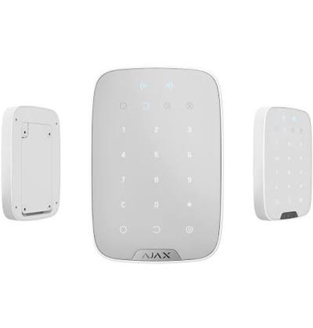 Tres paneles de seguridad blancos con teclados y números