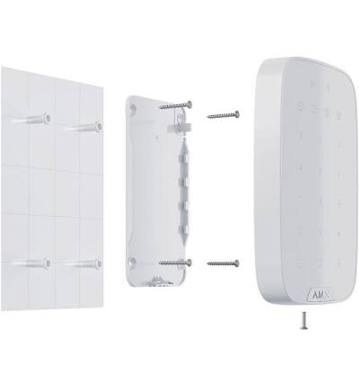 Soporte de pared blanco, placa de montaje y sistema de alarma con tornillos.