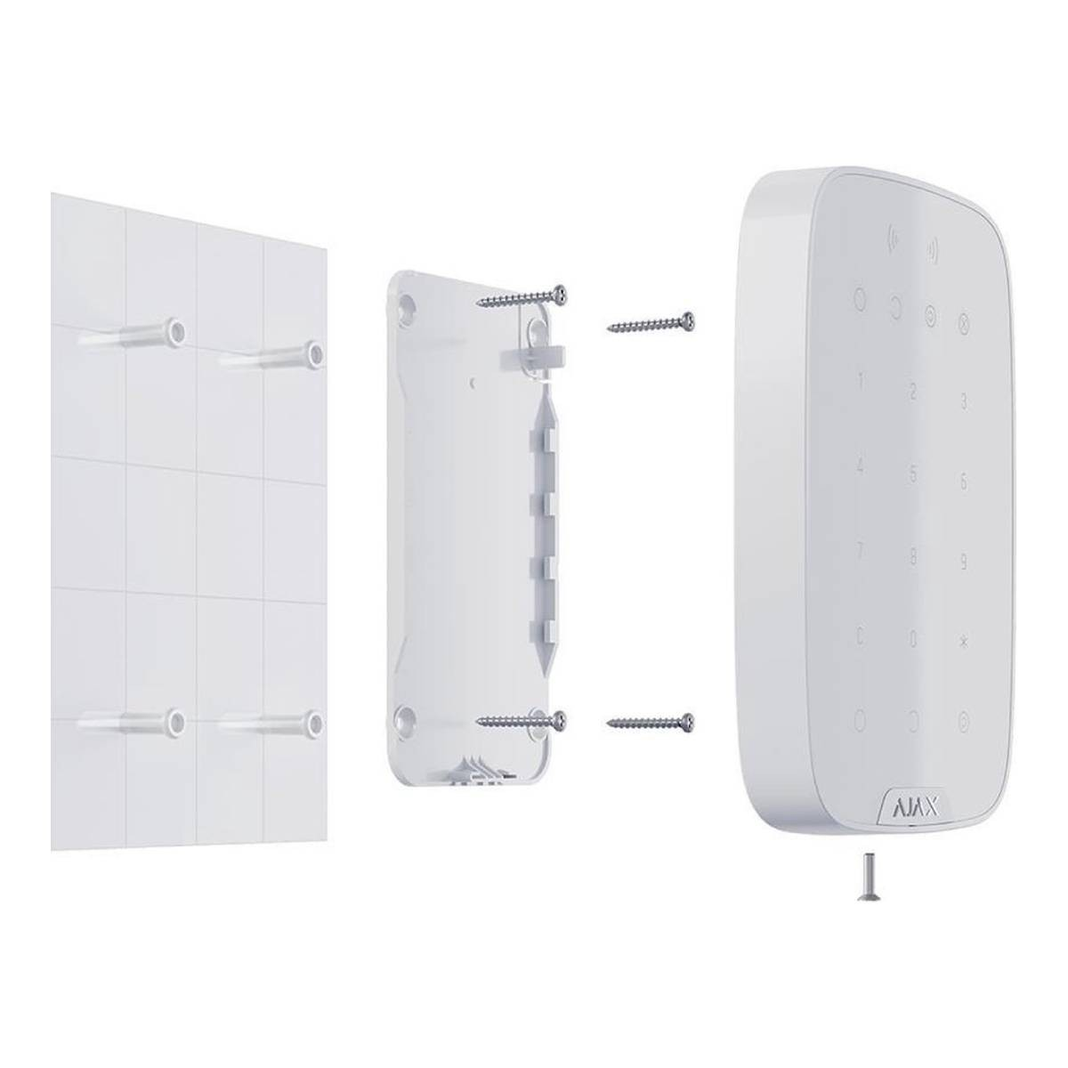 Soporte de pared blanco con tornillos y un panel AJAX blanco.
