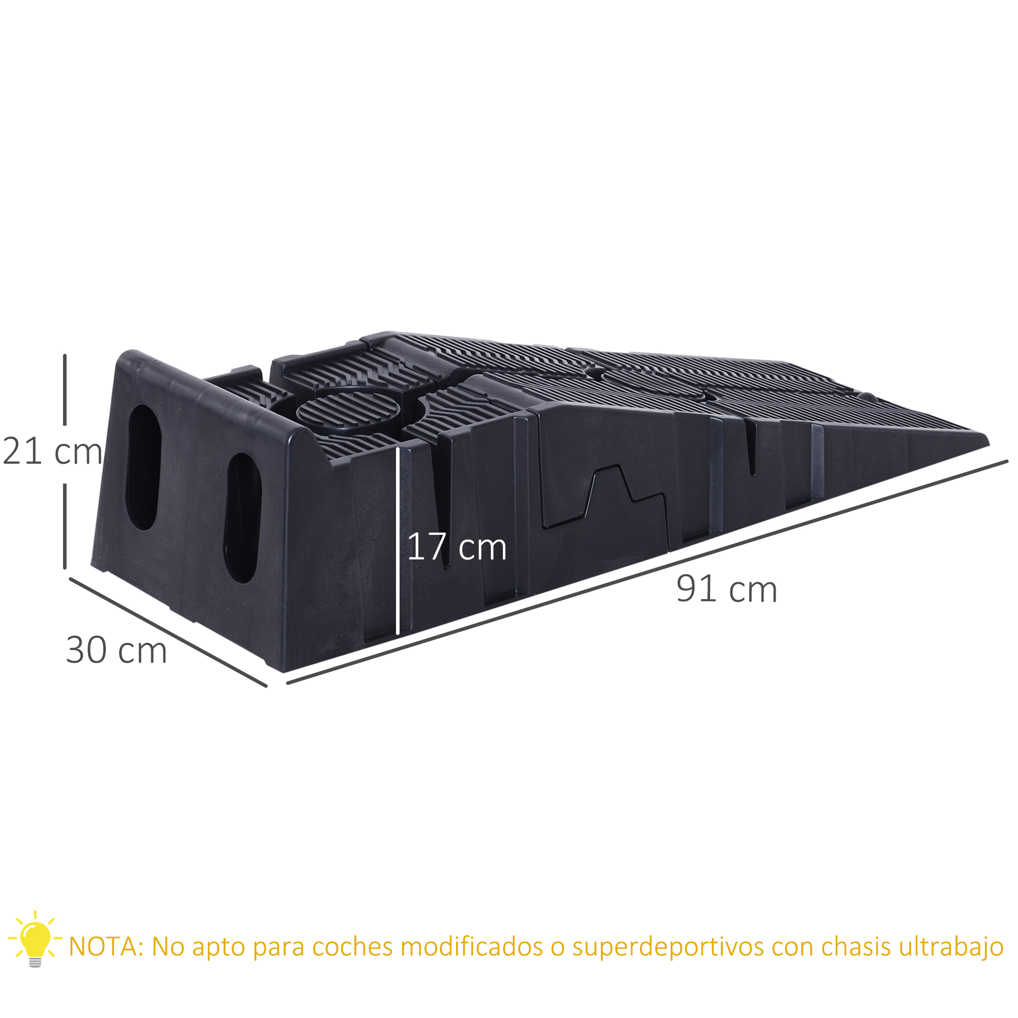 Rampa de plástico negra con dimensiones: 21cm alto, 30cm ancho, 91cm largo.