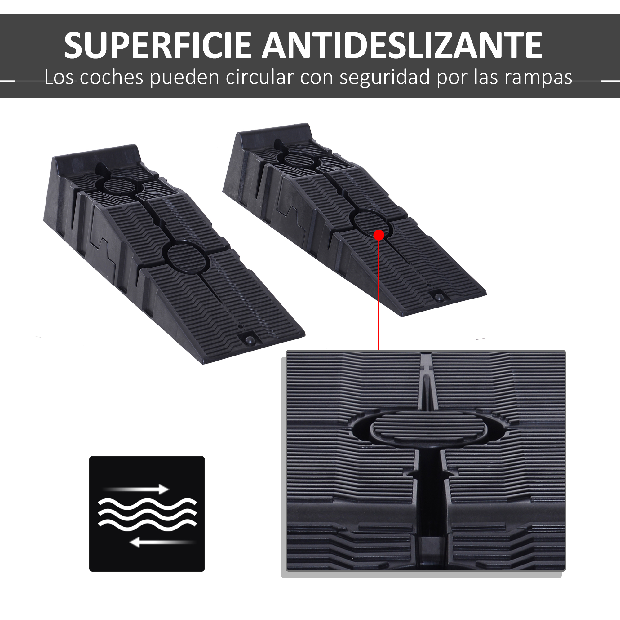 Dos rampas negras de plástico con superficie antideslizante y vista detallada.