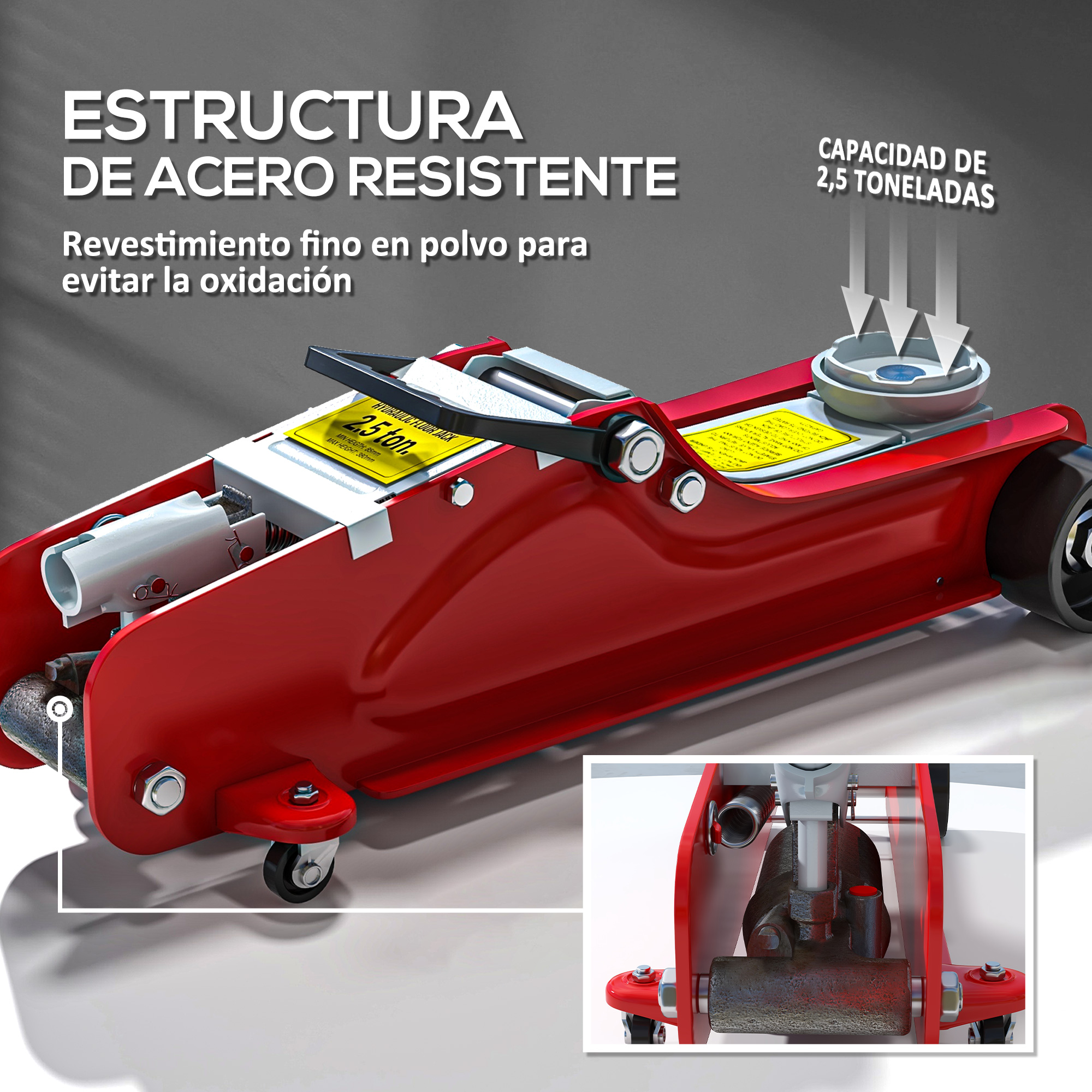 Un gato hidráulico rojo con capacidad de 2,5 toneladas.