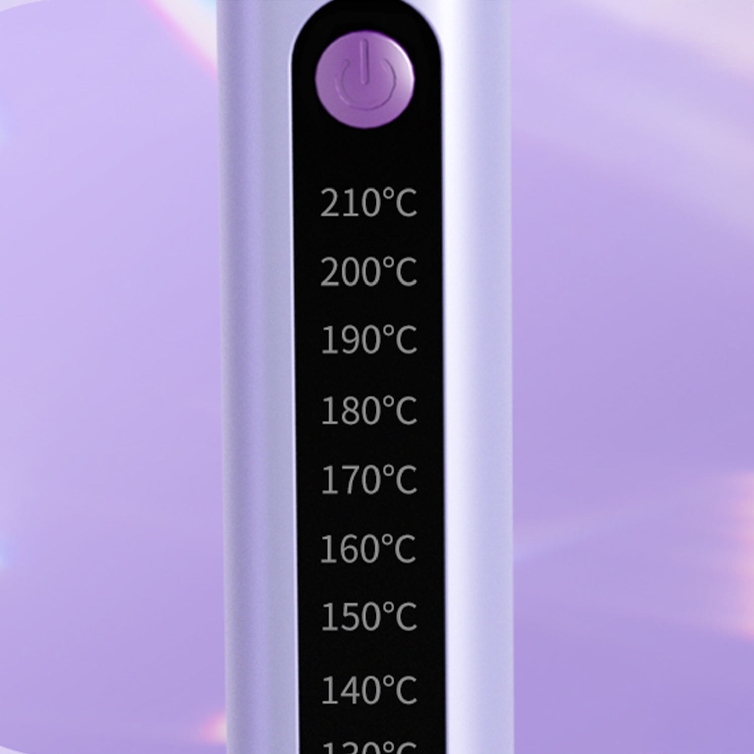 Un dispositivo per lo styling dei capelli viola con impostazioni di temperatura da 210°C a 130°C.