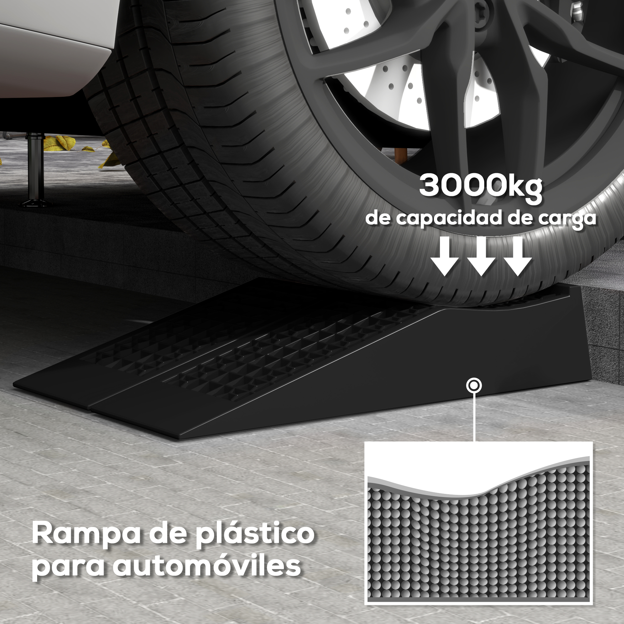 Rampa negra para autos con 3000kg de capacidad de carga, con un neumático encima.