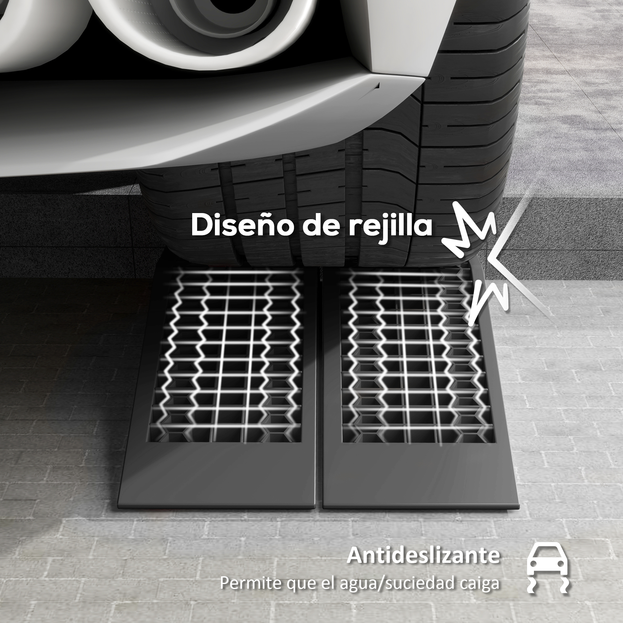 Coche en rampa antideslizante con patrón de rejilla, permite drenaje.